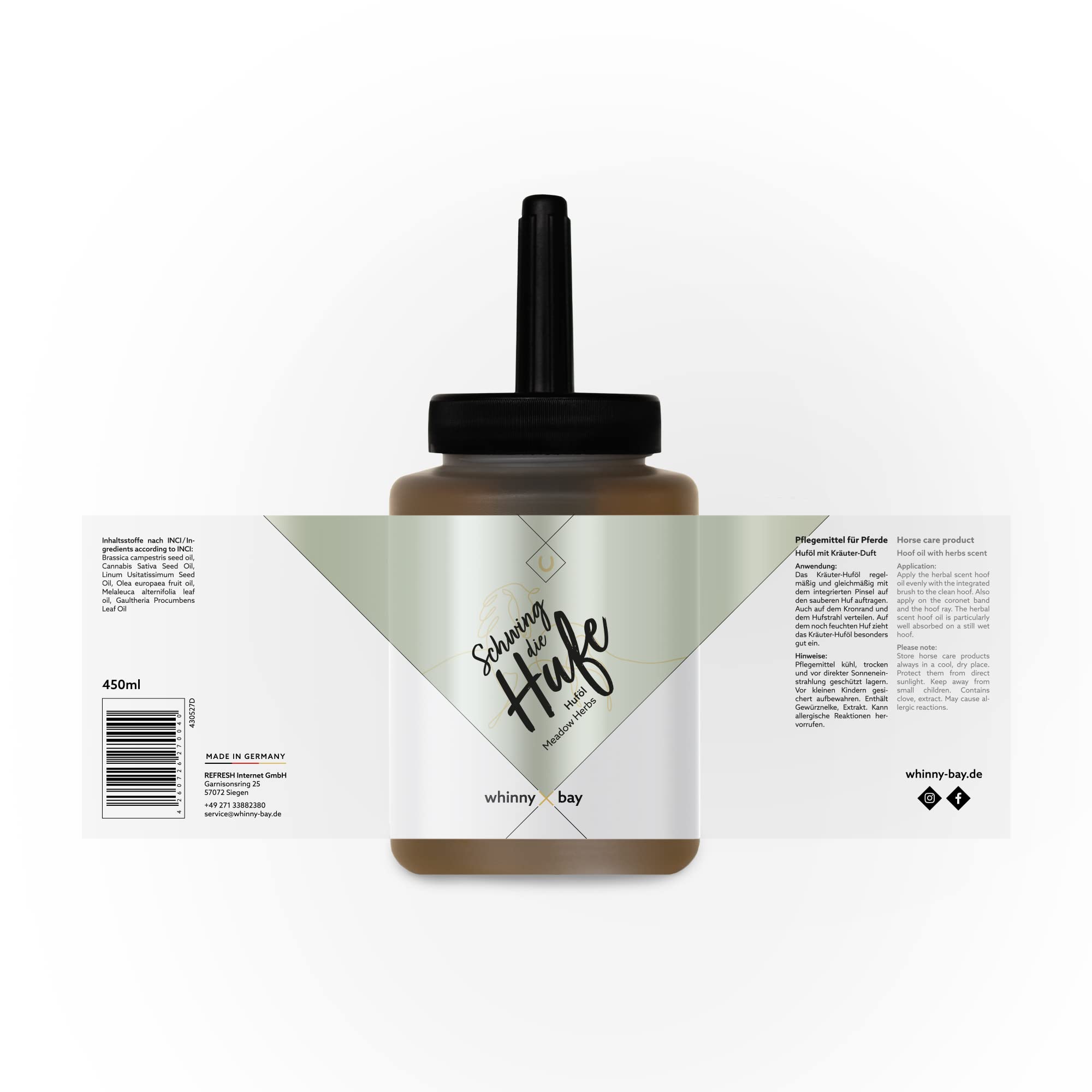 Huföl Schwing die Hufe – natürliches Huföl mit Pinsel und Kräuterduft | Hufpflege zur Stärkung, Feuchtigkeitsversorgung & Schutz, 450ml