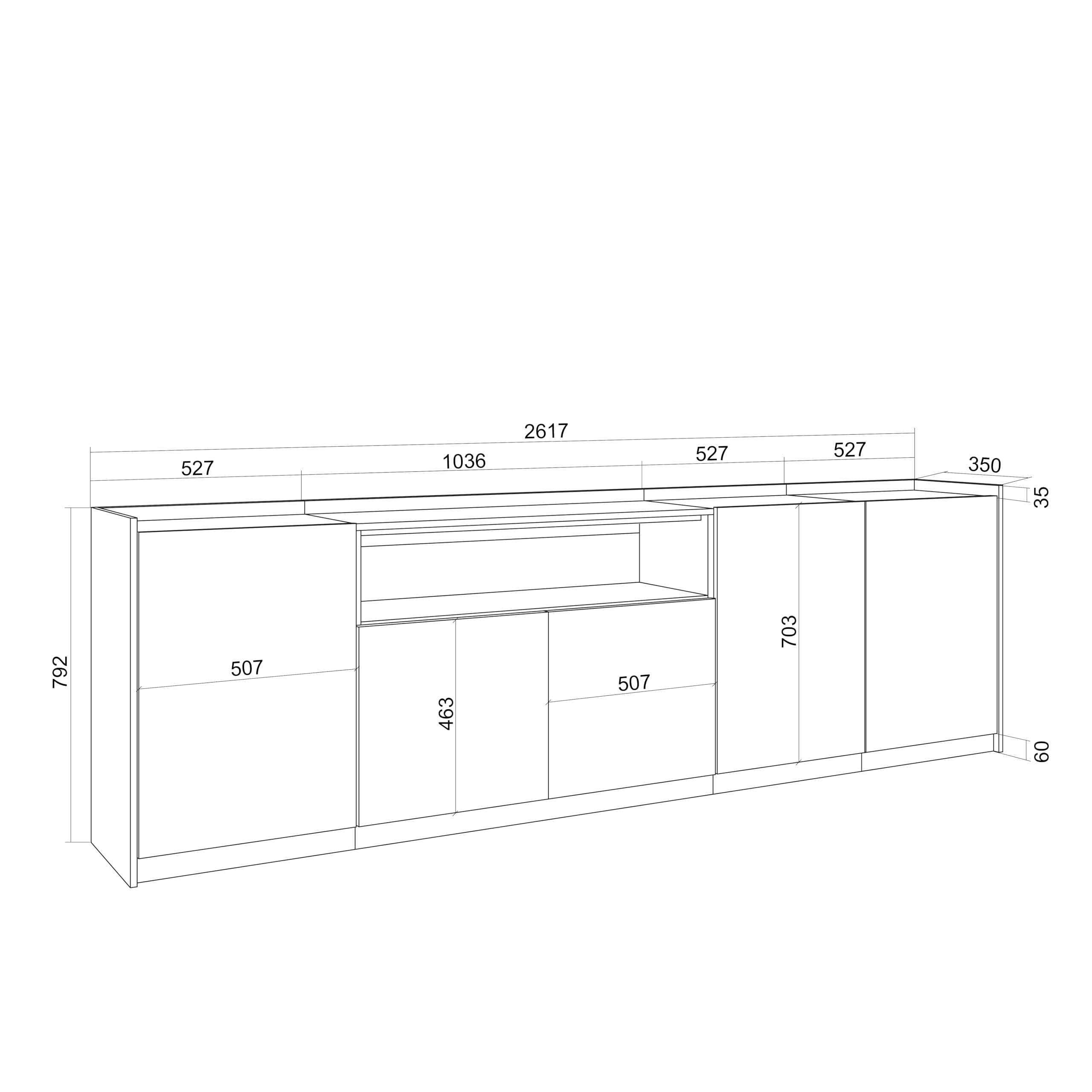 Skraut Home | Buffet Salon et Cuisine | Meuble de Rangement, Commode | 260x80x37 cm | 5 Portes | Meuble Chaussure | Style Moderne | Chêne foncé et Noir