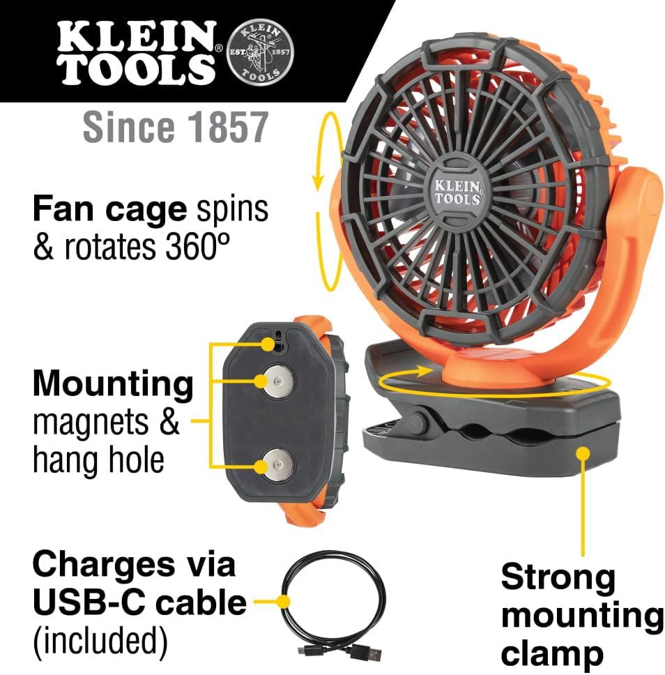 Klein Tools PJSFM1 Cordless Rechargeable Fan with USB-C Charging Cord and Multiple Mounting Options Perfect for the Jobsite