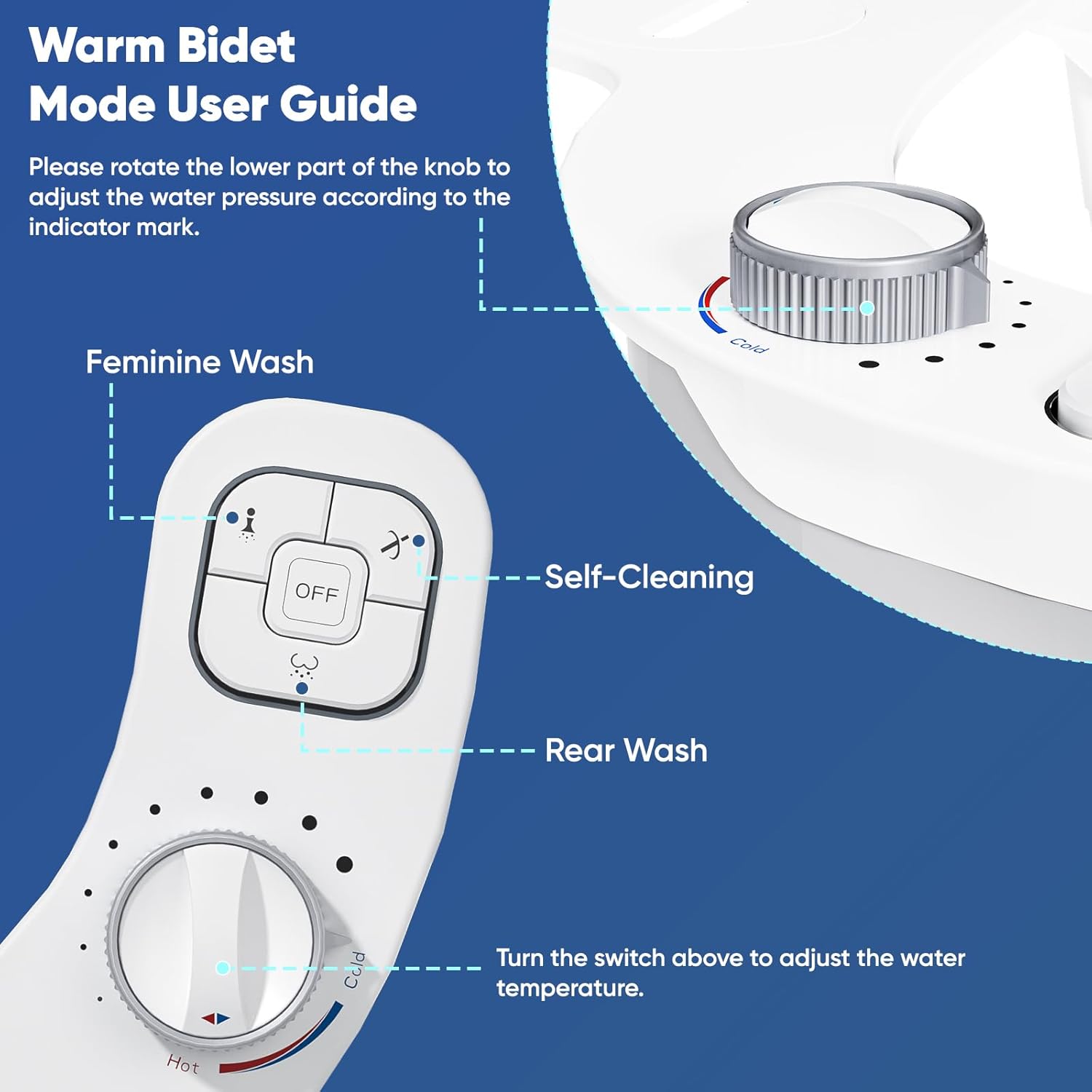 Hot and Cold Bidet, Warm Water Bidet Attachment for Toliet, Non-Electric Warm Bidet with Adjustable Water Pressure, Dual nozzle Rear and Feminine Wash - Self cleaning (White)