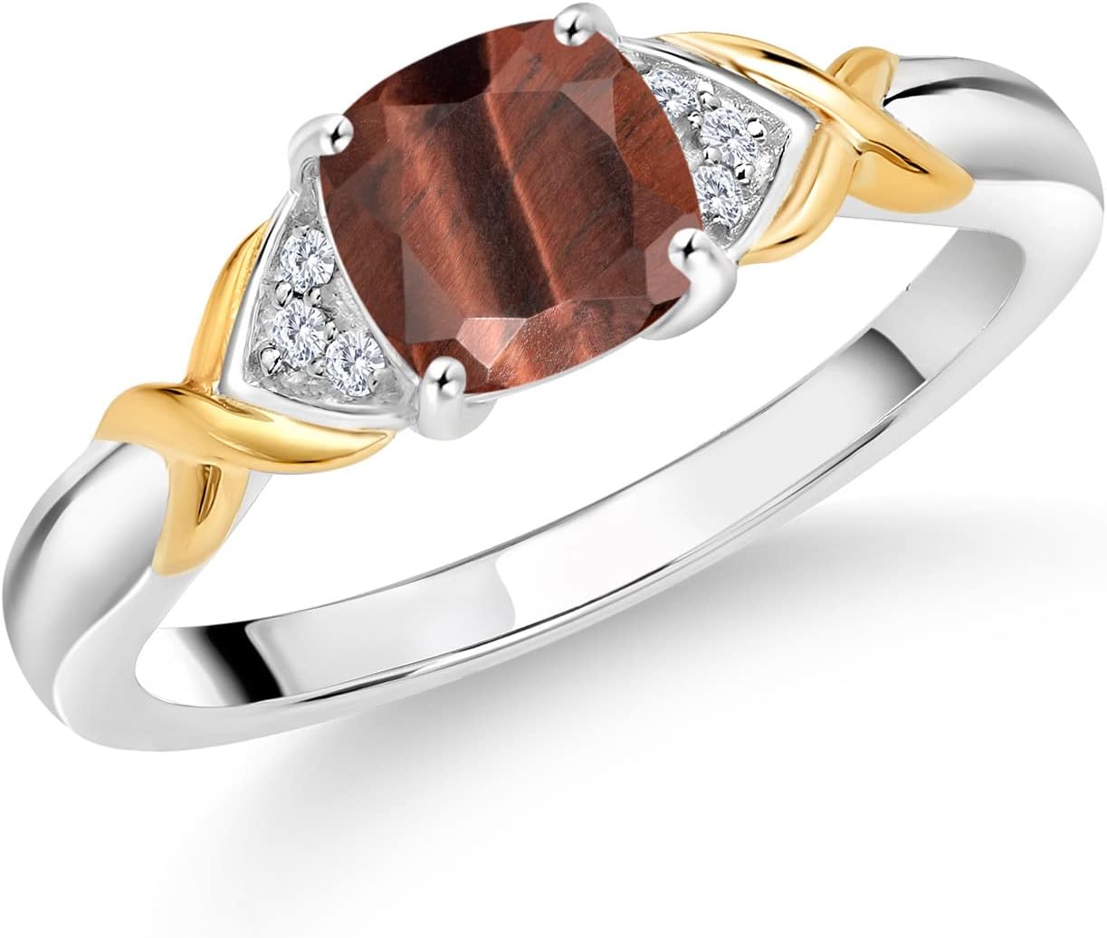 Gem Stone King 2-Tone Engagement Ring For Women | 925 Silver and 10K Yellow Gold | Gemstone Birthstone | 6MM Cushion Cut | Wedding Anniversary Promise Ring | Available In Size 5, 6, 7, 8, 9