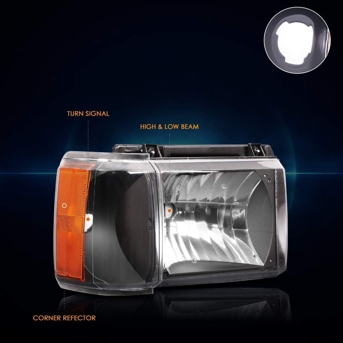 PM PERFORMOTOR Black Housing/Amber Corner Factory Style Headlights Compatible with 87-91 Bronco / 87-91 F150 250 350, PMHL-F150-8791-OH-BA