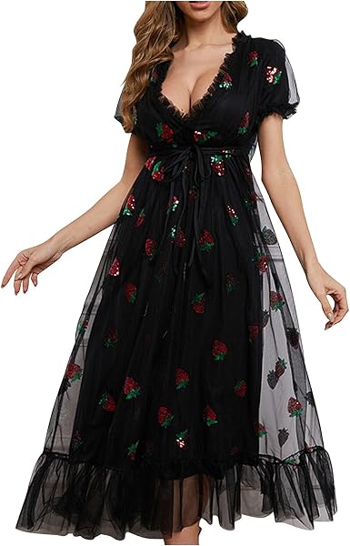 Amazon.com: OIUCVGB Vestido de fresa para mujer Vestidos de cóctel bordados  de lentejuelas fresa con cuello en V dulce malla de encaje hasta Maxi  Vestidos : Ropa, Zapatos y Joyería