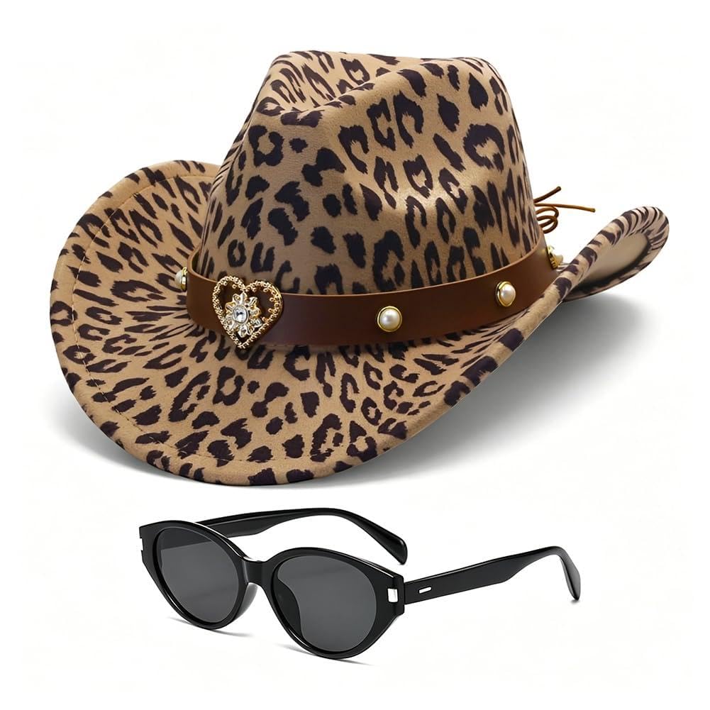 PyrrlicToy Leopard Print Western Cowboy Hat， Adult Costume with Sunglasses- Western Cowboys Cosplay Costume Set