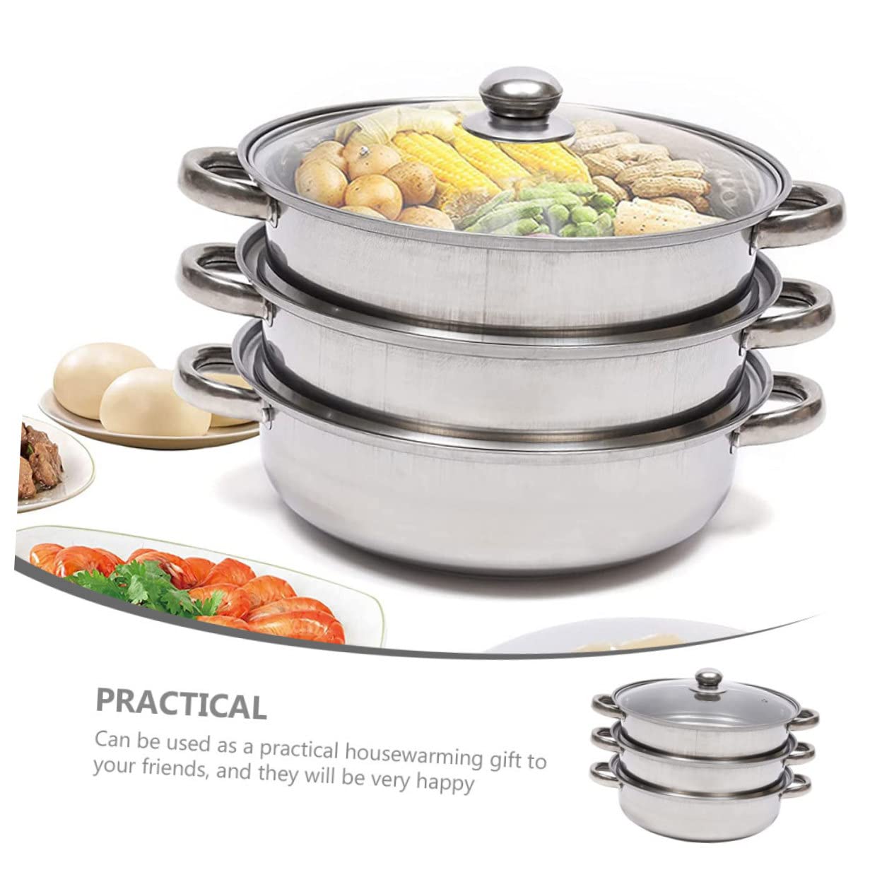Ciieeo Edelstahl Dampfgarer 28cm mit 3 Schichten Glasdeckel und Viel Platz für Suppe und Gemüse Mehrlagiges Design für Schonendes Kochen im Haushalt