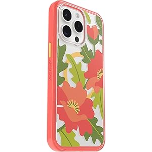 OtterBox iPhone 15 Pro MAX (Only) Symmetry Series Clear Case - QUILTED POPPIES (Red), snaps to MagSafe, ultra-sleek, raised edges protect camera & screen