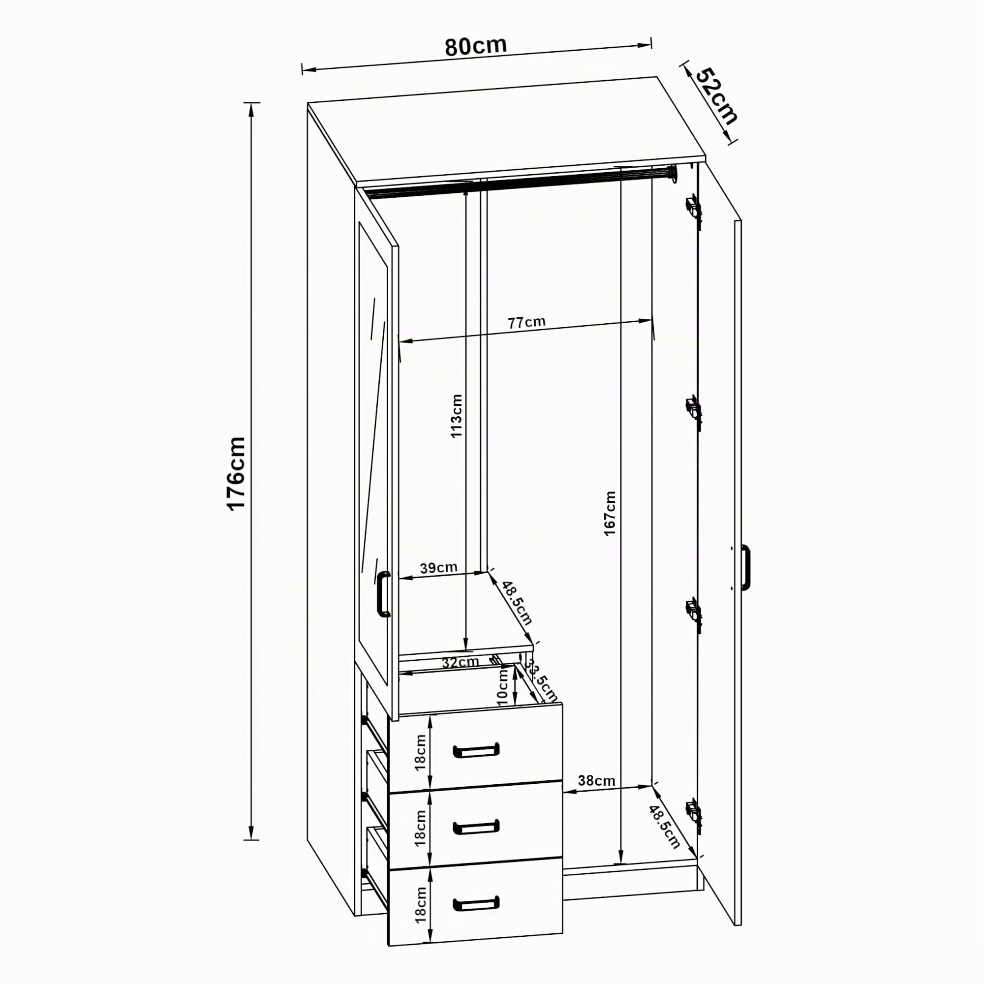 [en.casa] Armadio Guardaroba per Camera da Letto Armadio Chiuso con Ante Scomparto con Asta Appendiabiti Cassettiera e Specchio 176 x 80 x 52 cm MDF, Effetto Rovere Sonoma
