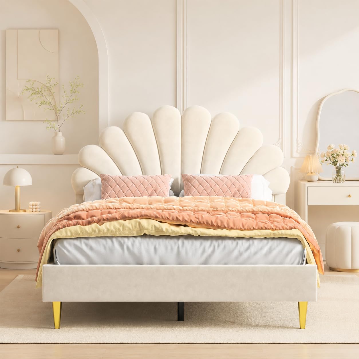 Polsterbett Kinderbett 140x200 cm, Doppelbett mit Lattenrost und Verstellbares Kopfteil in Blumenform, Mädchen Bett aus Holz, Samtstoff, Bett für Schlafzimmer, Ohne Matratze, Beige