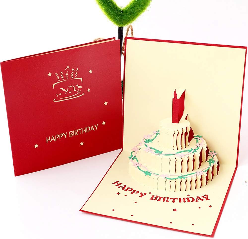 Aukuzi Pop Up Birthday Cards, Happy Birthday Cake Card 3D Handmade Cards Ideal for All Occasions, Birthday, Wedding or Anniversary, Blessing, Graduation, Father's Day and Mother's Day (Red)