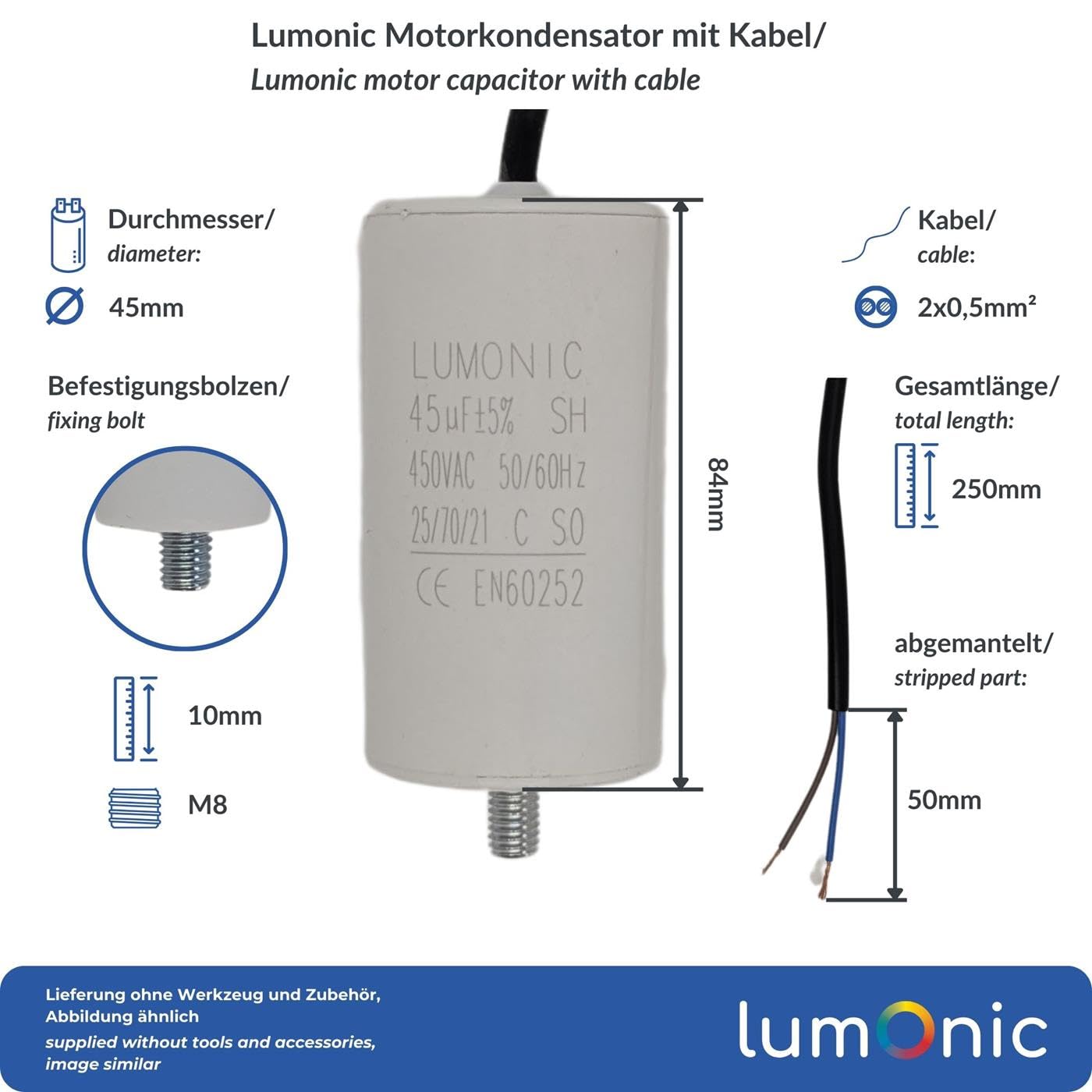 Image secondaire de Condensateur de démarrage Lumonic 45µF 450V avec fil de 25cm