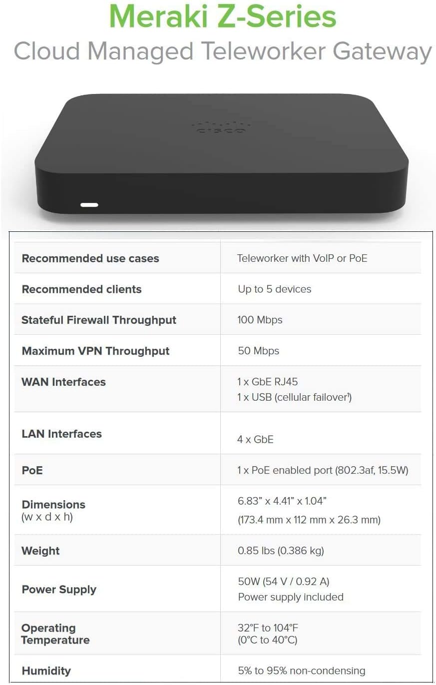 Cisco Meraki Z3-HW Cloud Managed Teleworker Gateway VPN Firewall w/ Power Adapter [Unclaimed - No License] (Renewed)