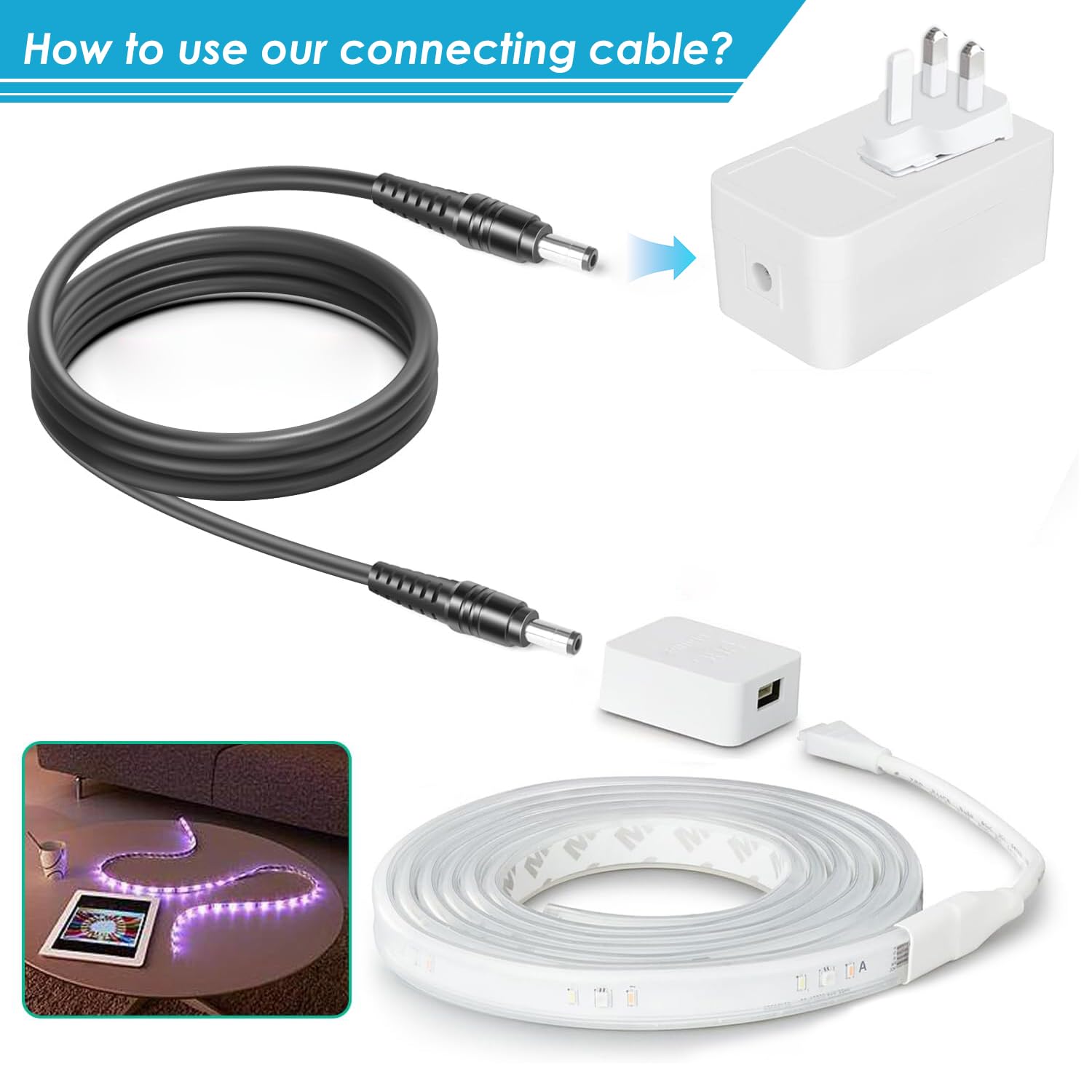 Cable de extensión de alimentación al Controlador para Philips Hue Lightstrip Plus, Base de gradiente Lightstrip, Philips Hue Lightstrip Plus v4 v3, Cable de alimentación de extensión Philips 16 pies