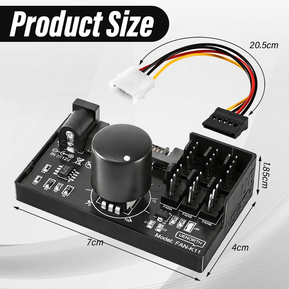PWM Binghe PWM wentylator z 1 do 6 4-pinowym 12 V i kablem, koncentrator adaptera wentylatora PC z zasilaniem przez SATA i DC 5525, regulator prędkości wentylatora, kontroler obsługuje 6 wentylatorów