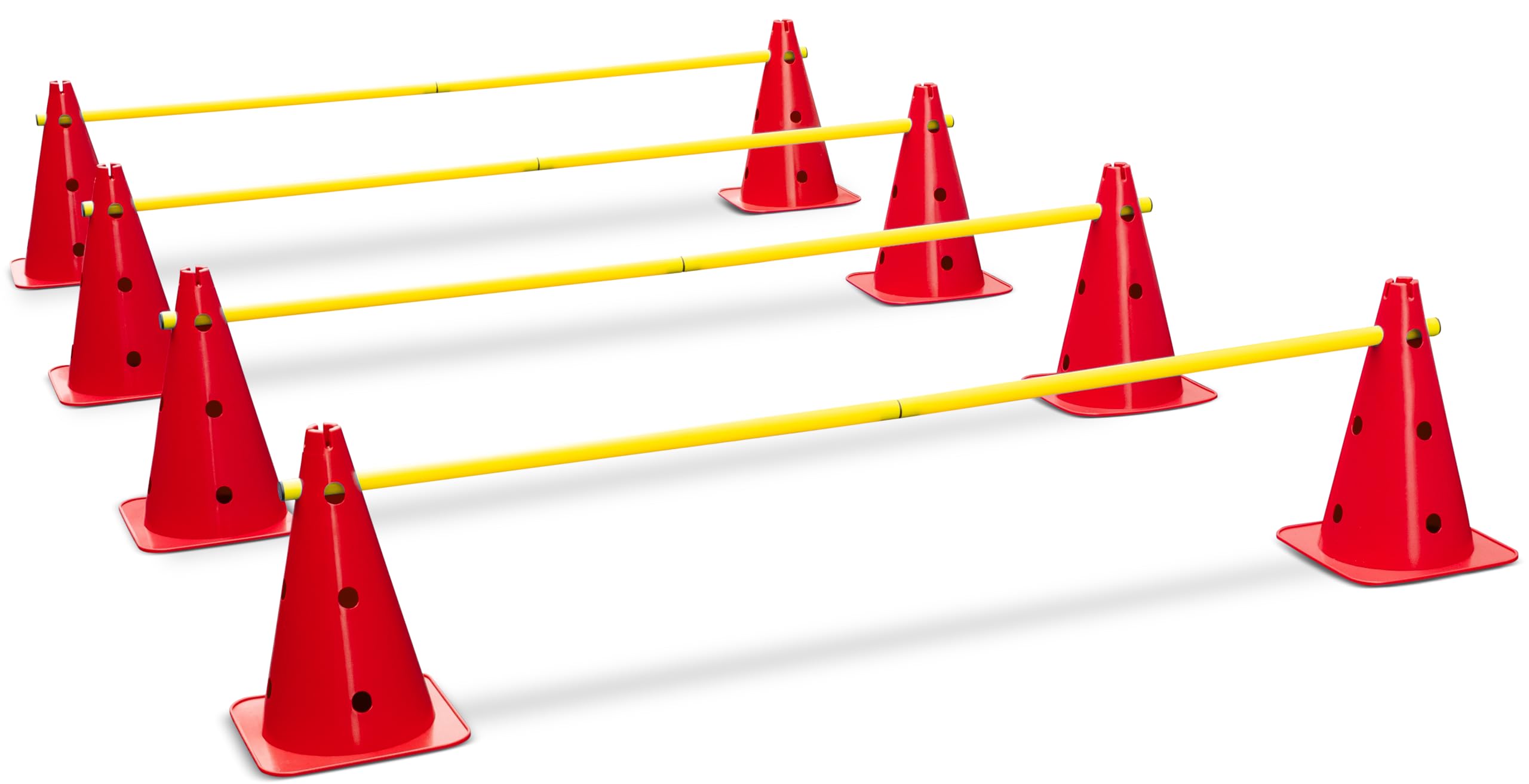 HAEST Steckhürden-Set 160 cm – 8 robuste Markierungshütchen + 4 Lange Hürdenstangen – höhenverstellbar (8/21/33 cm), stabil & schwer – für Hundesport, Agility, Reitsport & Bodenarbeit