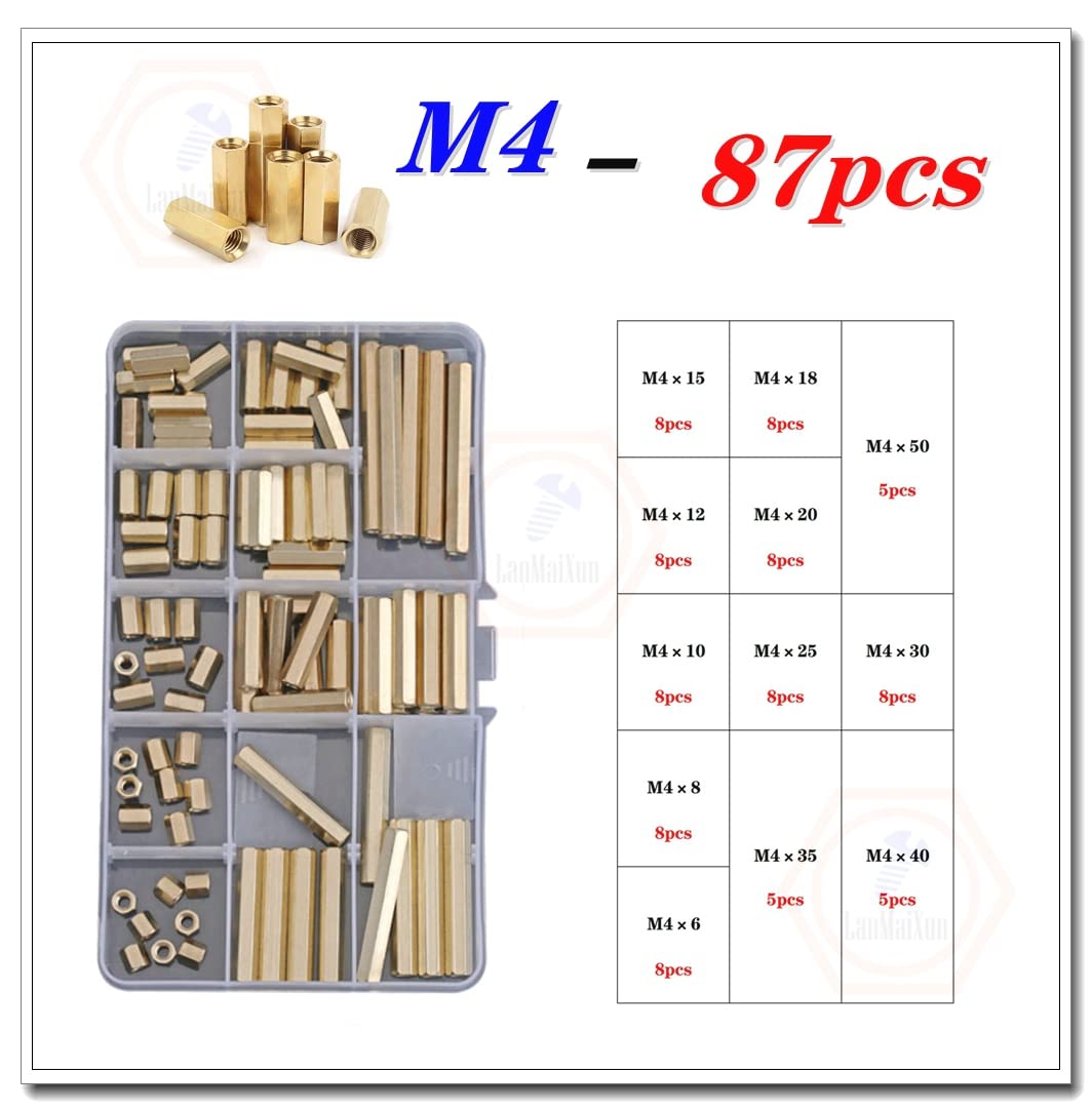 87piezas M4 Combinación de kits Manguito espaciador hexagonal de rosca interna de columna PCB recta de latón