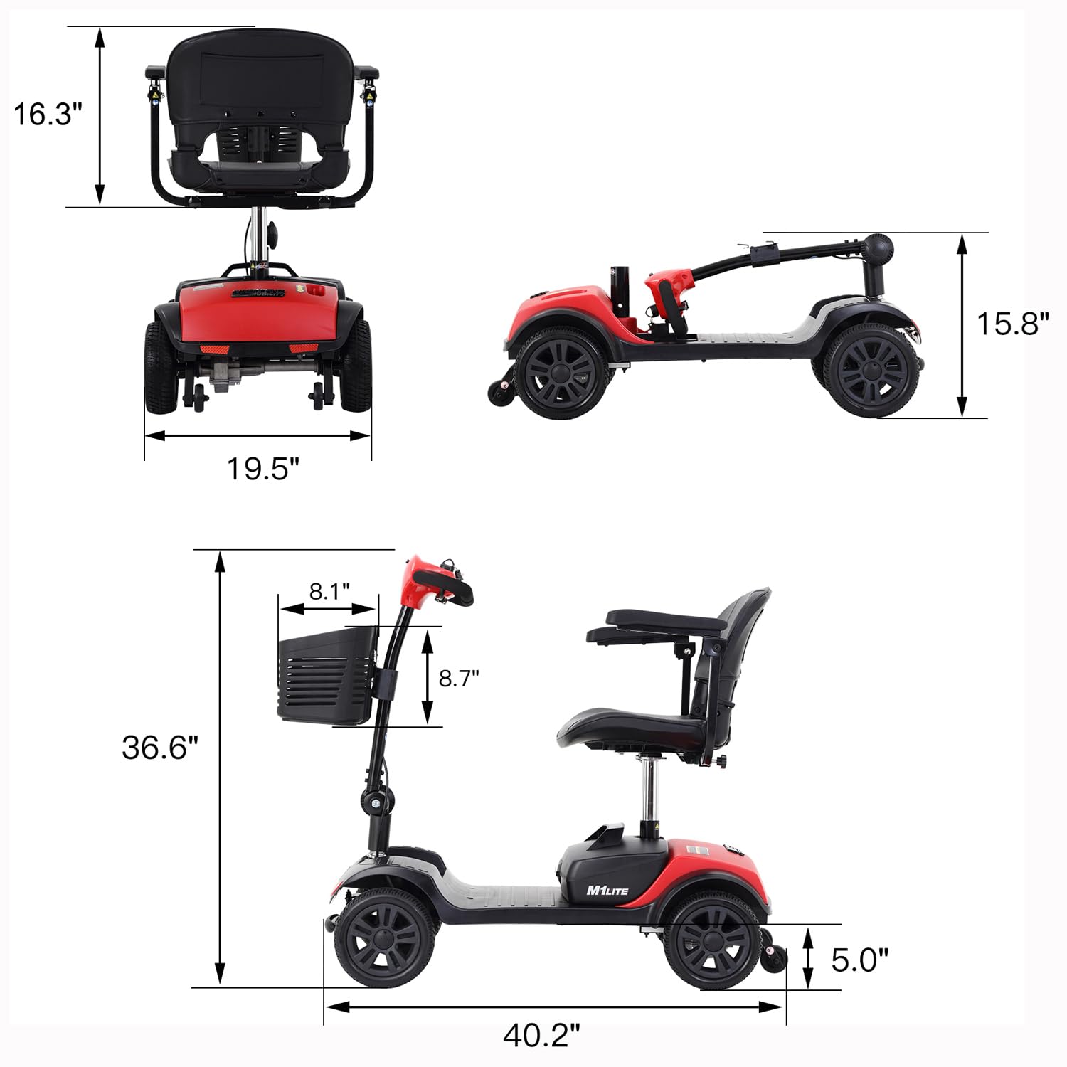 4 Wheel Mobility Scooters for Seniors-Electric Scooter Adults with Big seat-Wheelchair Long Range Power Extended Battery-12V20AH*2pcs/Charger 300 lbs Foldable Scooter -Red