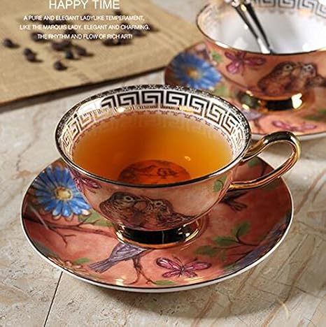 Bone China Cup& Saucer Set, 6.8oz- Birds& Trees (Orange)