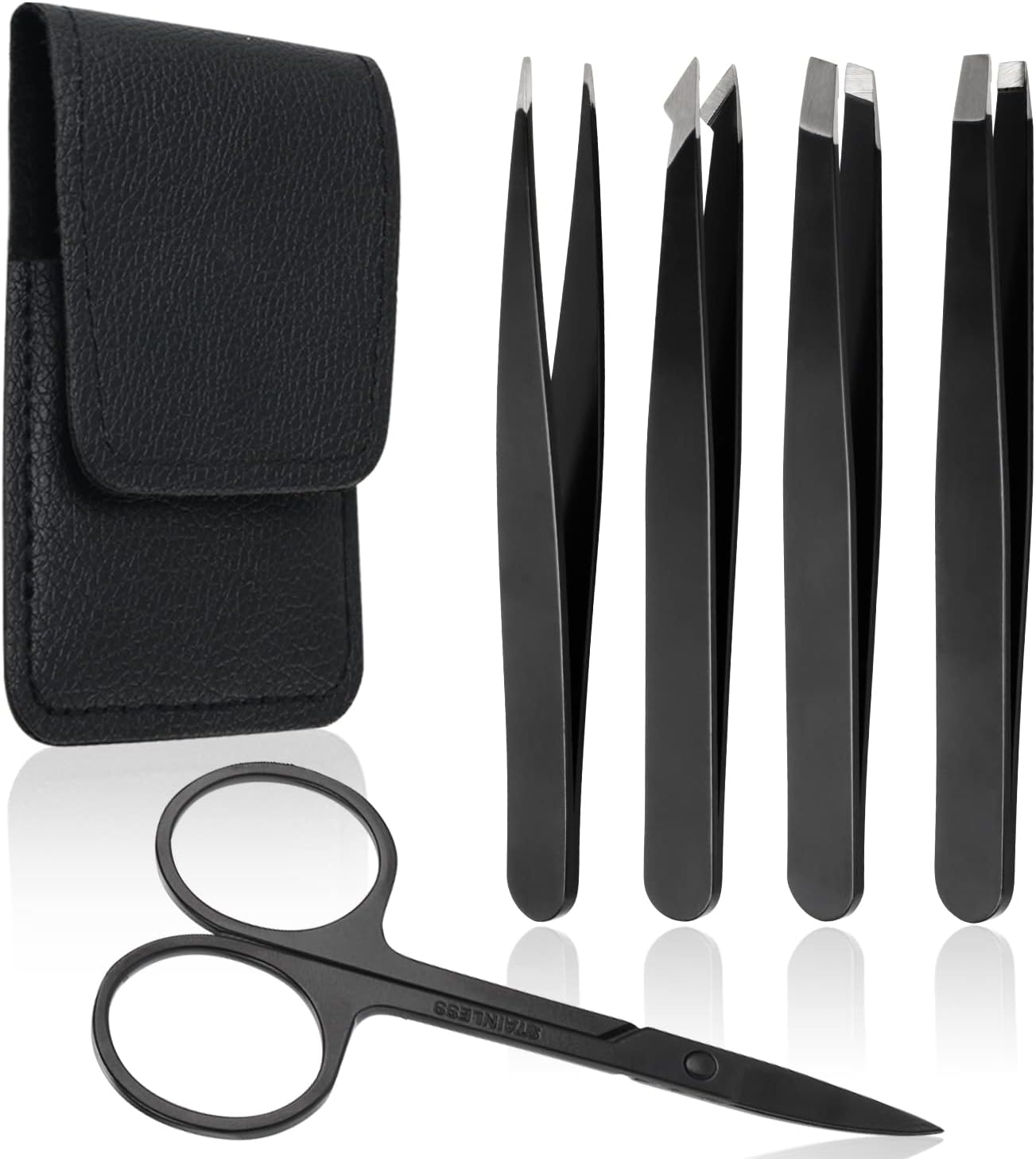 Professional Stainless Steel Tweezers with Scissors, Set of 5 Best Precision Tweezers for Eyebrow, Fragment and Ingrown Hair Removal, with Leather Travel Case