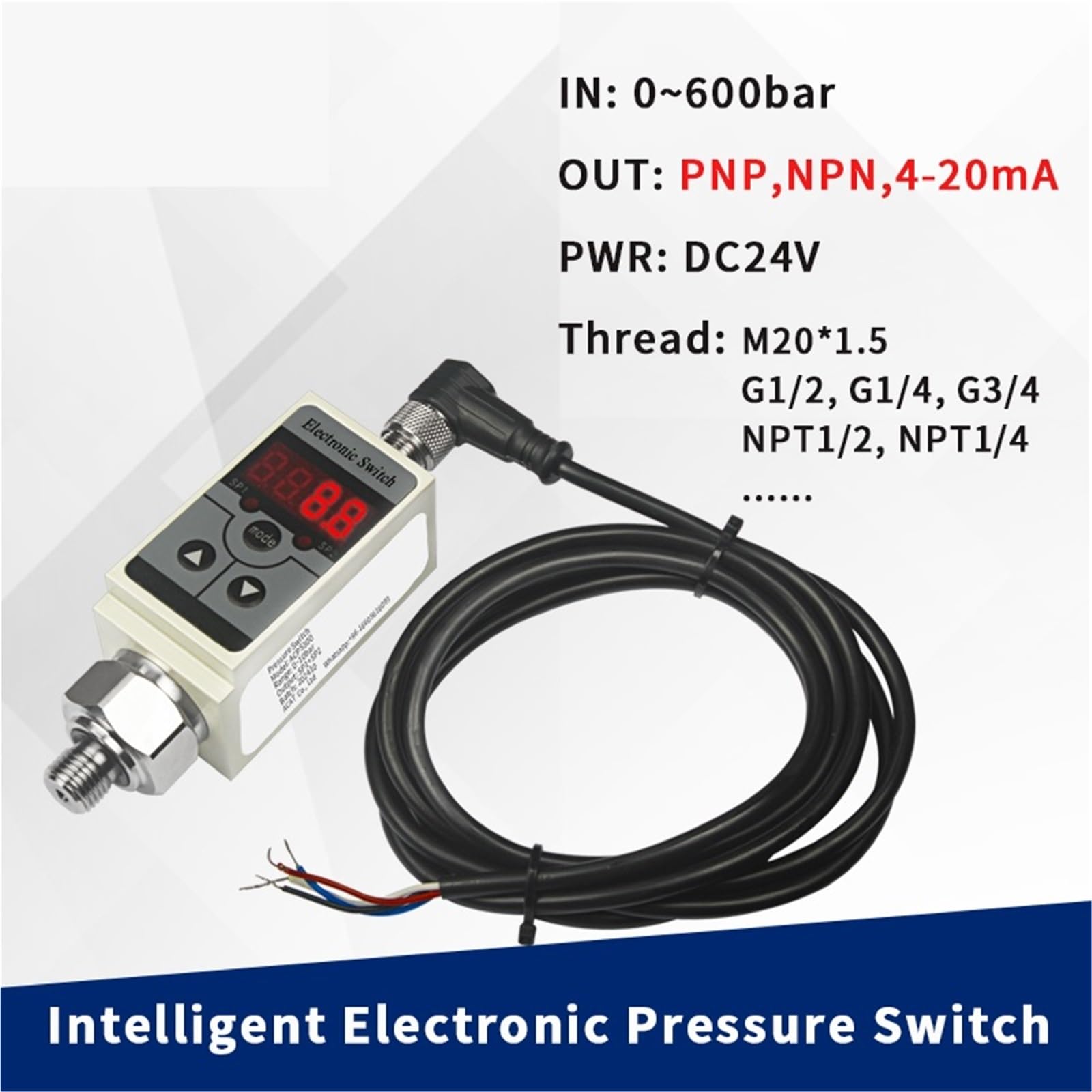 PNP NPN Smart Pressure Switch with digital display, automatic control, 600bar 4-20mA, presostat for oleju, water and ciekły gaz.(0-100bar, 2NPN_G3-4)