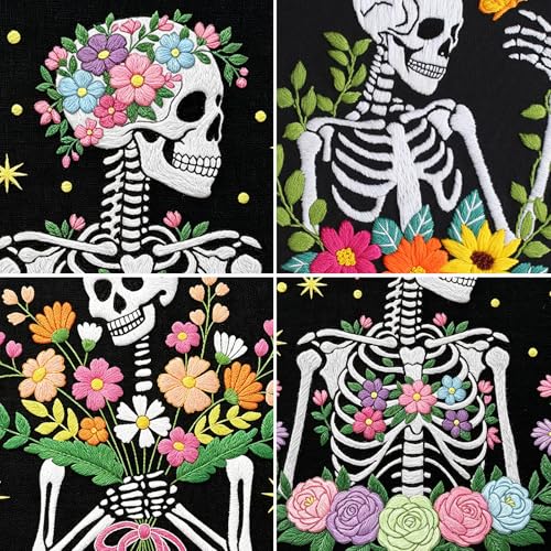 Image of Louise Maelys 3 Pcs Halloween Embroidery Kit for Beginners, Skeleton Floral Spooky Handmade Set with Hoop, Printed Fabric and Instruction, Needlework DIY Craft for Adults