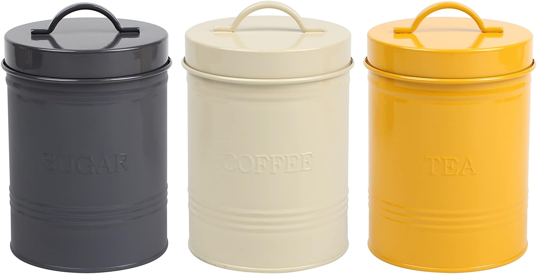 Muddy Hands Set of 3 - Cream, Grey & Mustard Vintage Metal Kitchen Canister Set with Lid - Storage Containers for Coffee Sugar Tea