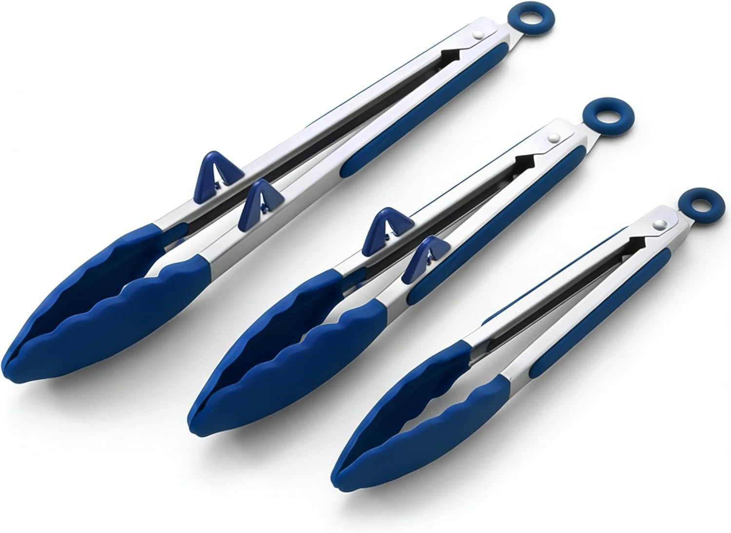 Silicone Tongs for Cooking, 3Pcs Stainless Steel Kitchen Tong with Silicone Tips, Heat Resistant Food Grade Small Serving Tong for BBQ Salad, Blue(7″+9″+12″)