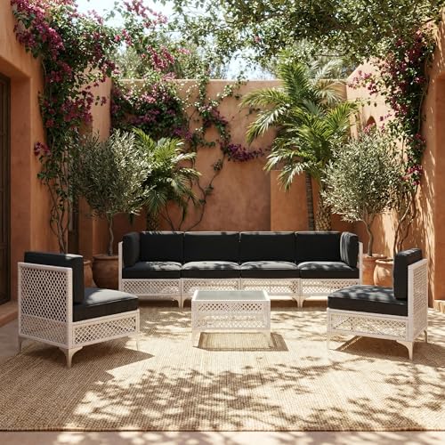Rotihom 7-Piece Outdoor Sofa with Thick Cushion, Lightweight Patio Sectional with Effortless Assembly, Space-Saving Outdoor Furniture Set & Easy-Clean Open Weave Wicker for Backyard, Garden (Gray)