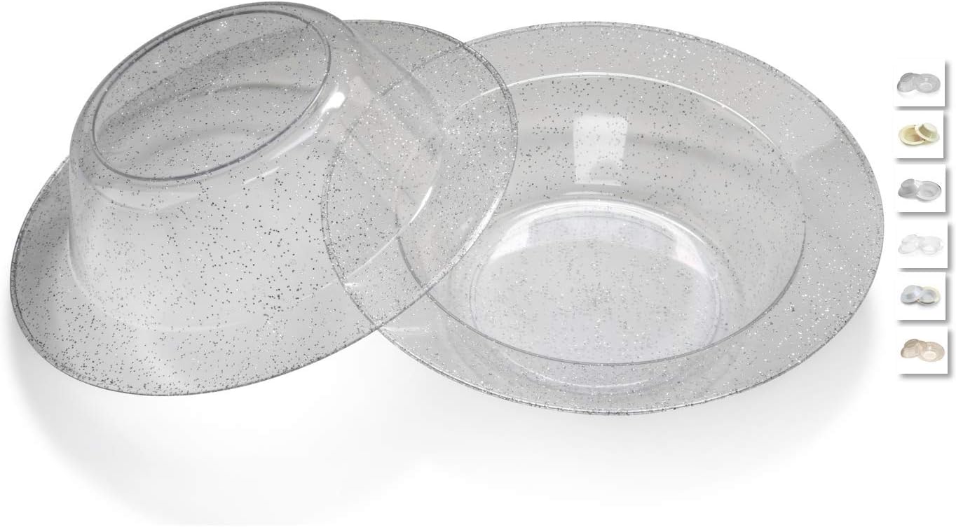 " OCCASIONS " 120 Plates Pack, Heavyweight Wedding Party Disposable Plastic Plates (10.5" Seasons in Clear with Silver Glitter)