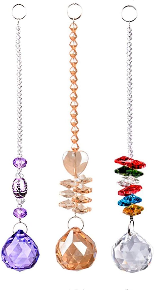 LONGSHENG Chandelier Suncatchers-Sparkly Chakra Crystal Balls for Home,Office,Garden Decoration-Octagonal,Teardrop & Cone Shaped Prisms-Set of 3 Beautiful Pendants for Car,Plant,Window Décor,3Pcs