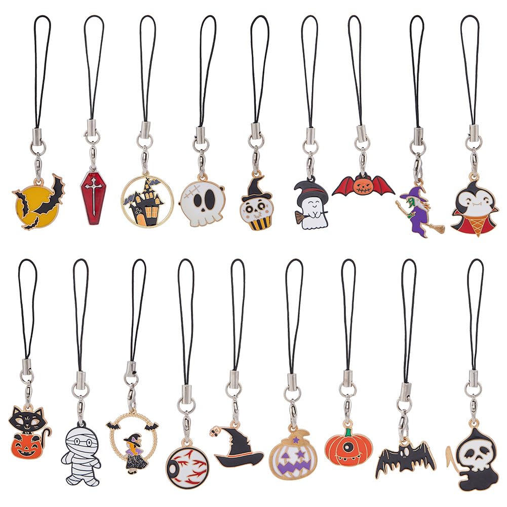 SUPERFINDINGS 18pcs Halloween Theme Cell Phone Straps with Nylon Cord Loop 7~9cm Ghost Pumpkin Witch Fashion Phone Lanyard Strap Phone Chain Strap