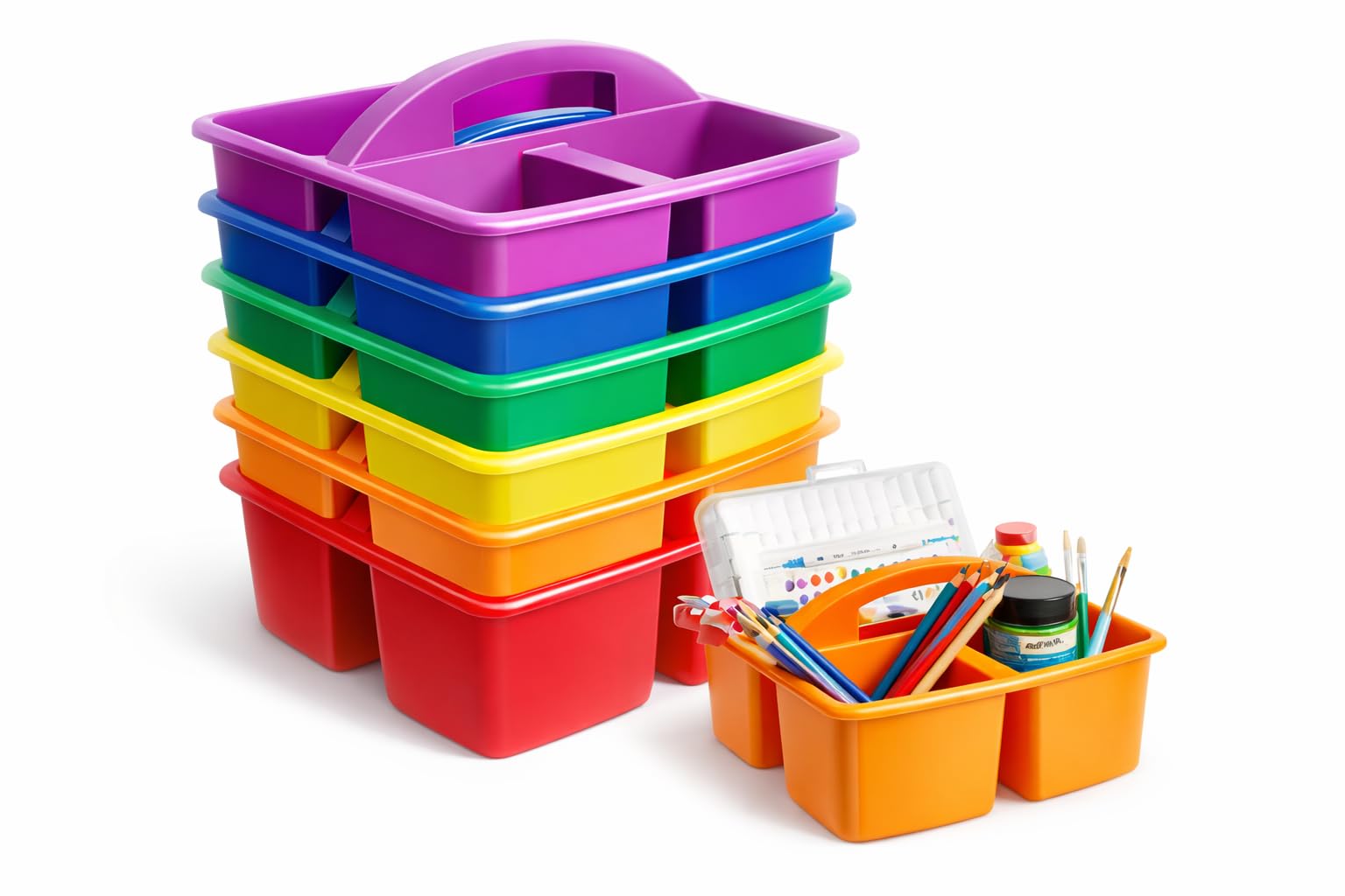 6 Pack Portable Divided Storage Caddy, Multi-Grid Plastic Basket, Kindergarten Painting Tool Brush Stationery Organizer, Stackable Storage Boxes for Schools, Offices