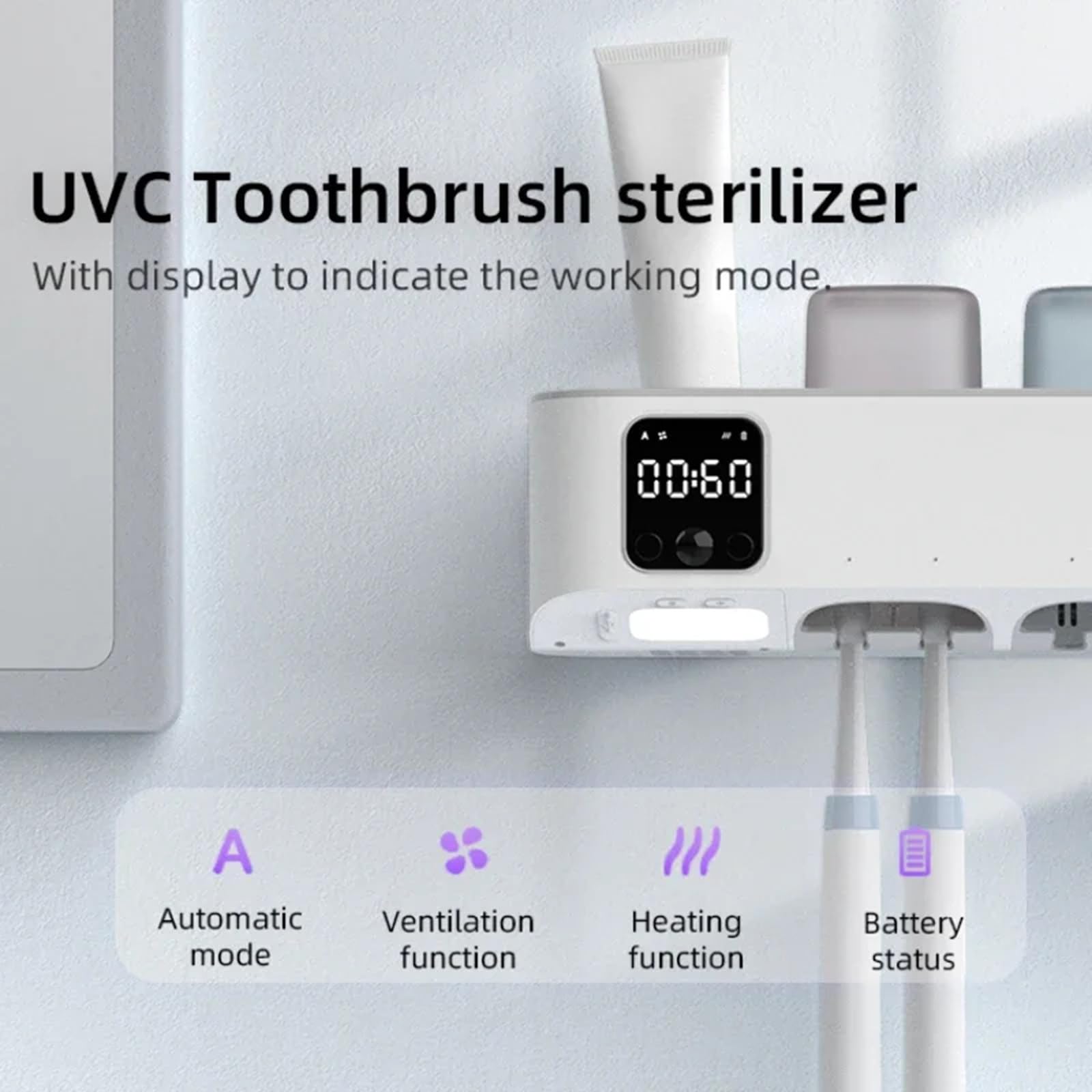 Desinfectante de cepillo de dientes UV, soporte para cepillo de dientes de baño montado en la pared con función de esterilización UV Soporte para desinfectante de cepillo de dientes,White