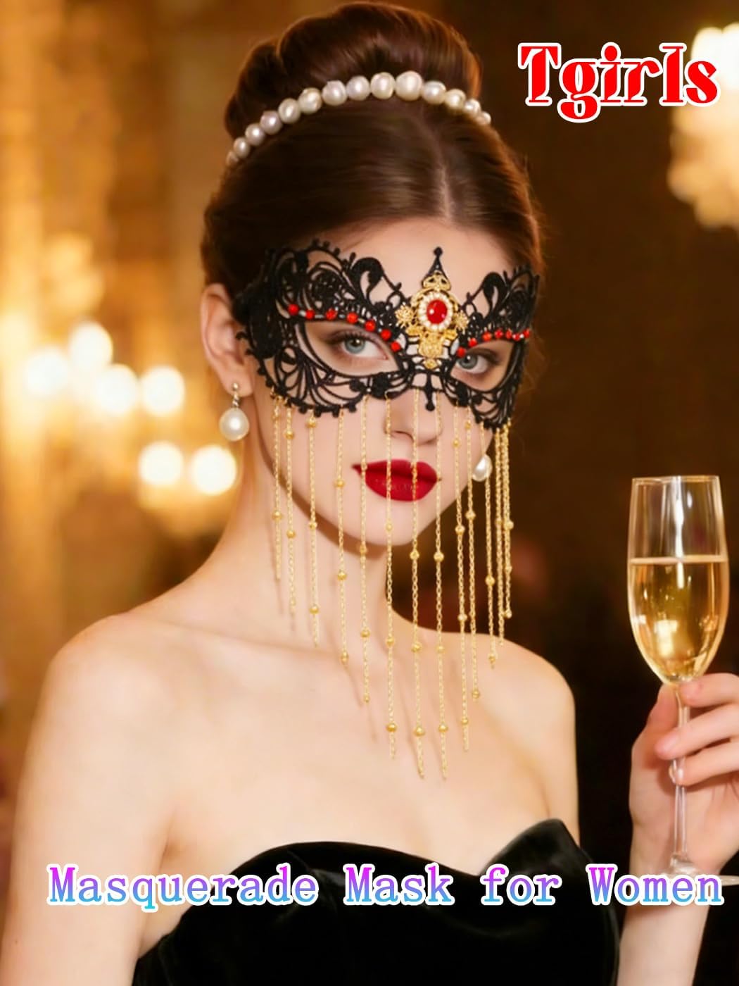 Tgirls Rhinestone Masquerade Lace Mask Women Tassel Beaded Costume Eye Masks for Party