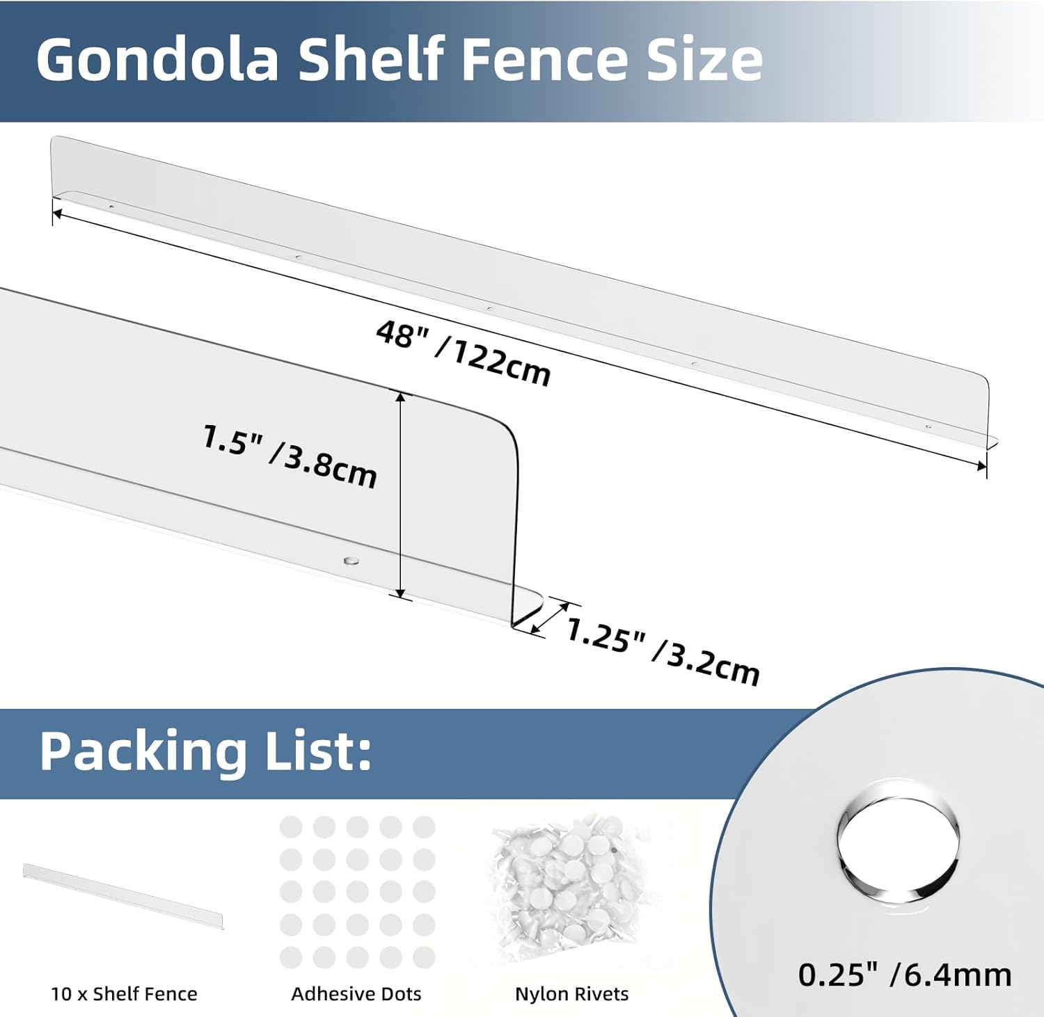 Nalwort 10 Pcs Retail Gondola Shelving Front Fence, Clear PET Shelf Fence with 1/4" Holes and Screws, Front Lips Barrier for Retail Store Display Rack, 1.5" H x 48" L