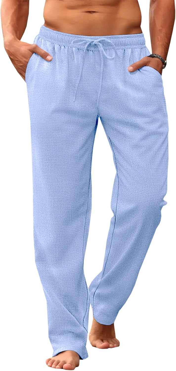 Makkrom Mens Casual Pants Drawstring Elastic Waist Lightweight Linen Pants Loose Fit Summer Beach Yoga Trousers
