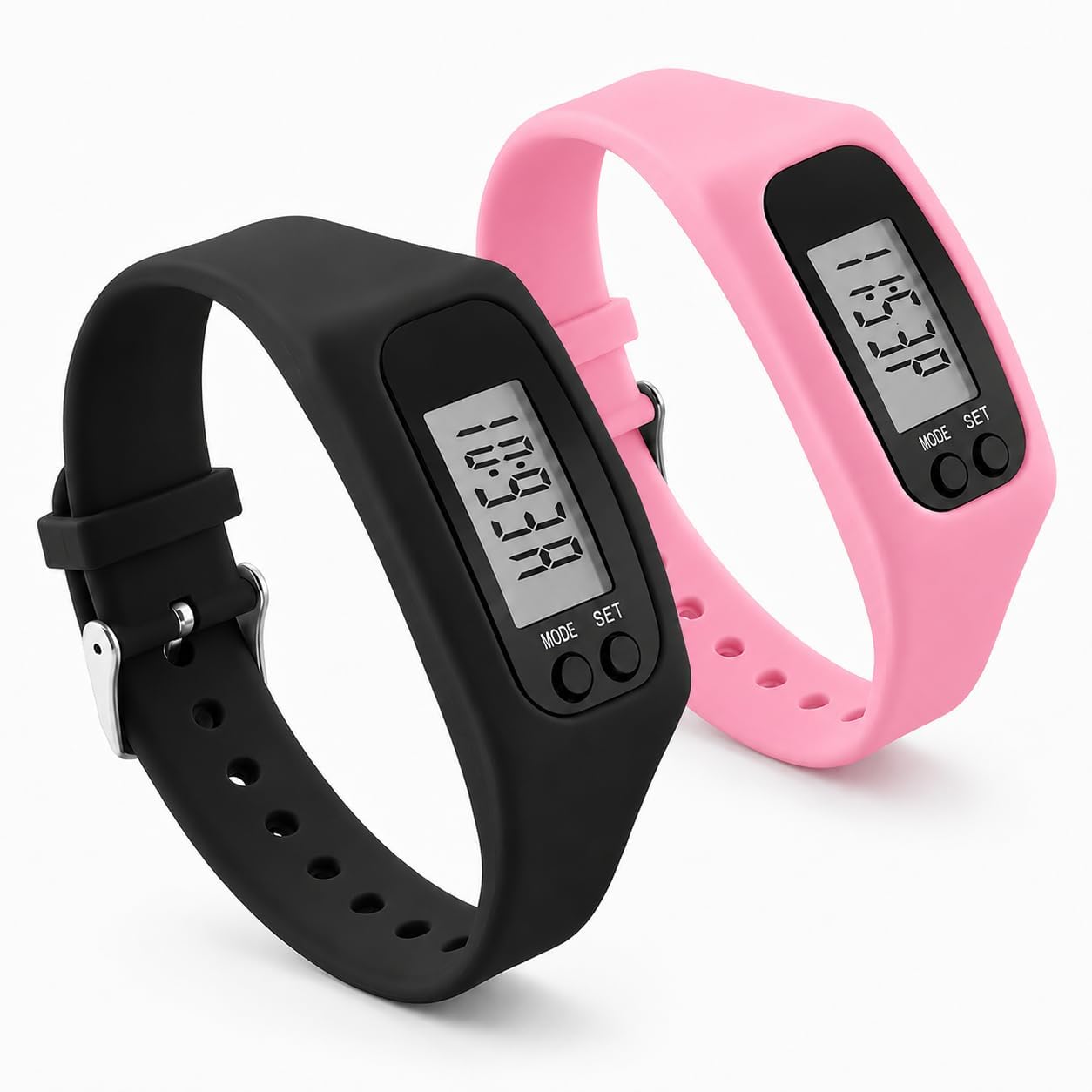 Pedometer Step Counter for Walking 2-Pack Digital Step Counter Wristband with Activity Tracker Water-Resistant Silicone Fitness Watch for Men Women Black and Pink Pedometers