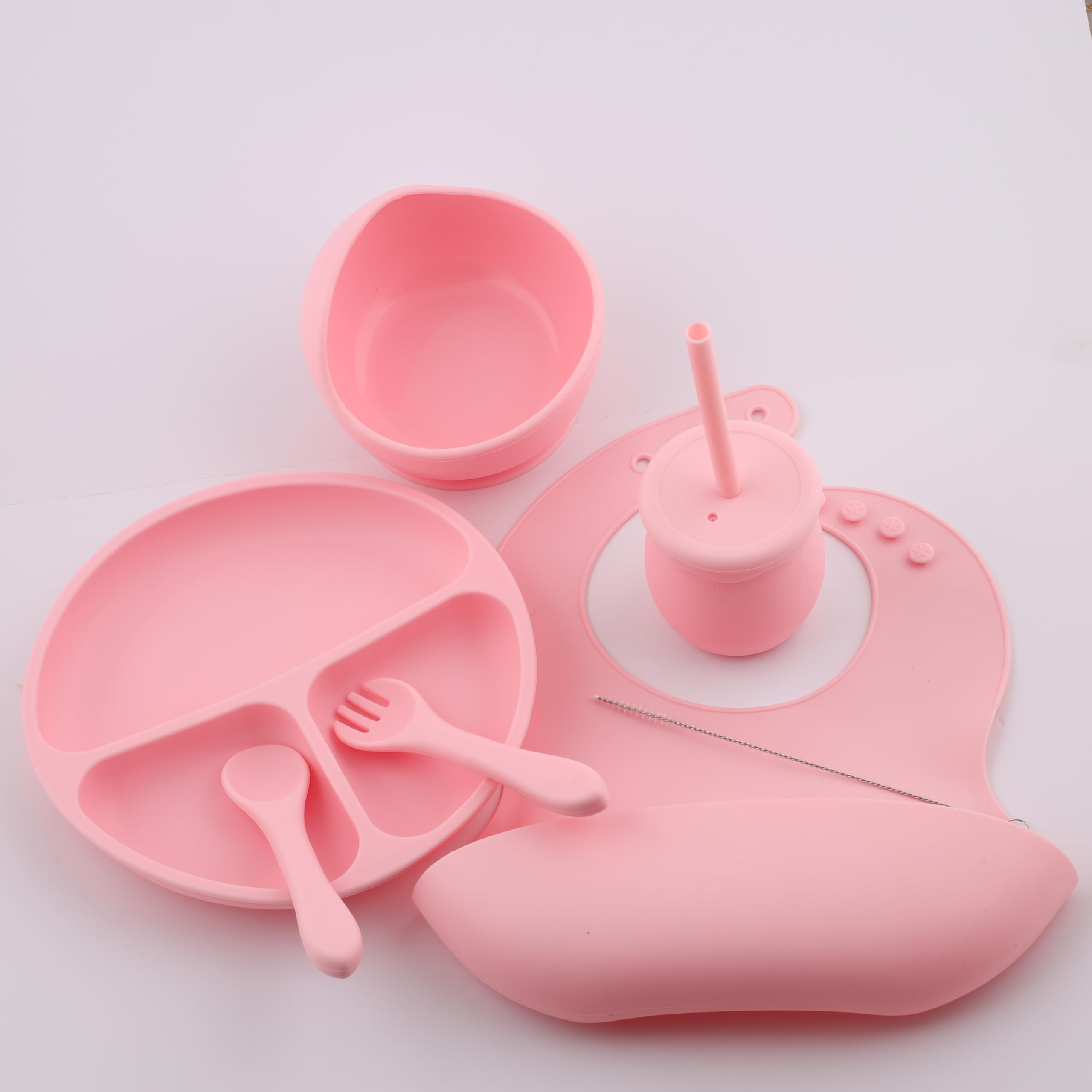 VAALYA TOYS Silicone Baby Feeding Set by Kidify -Divided Suction Plate - Suction Bowl - Adjustable Feeding Bib - Sip Cup with lid and Straw - Fork and Spoon - for Babies and Toddlers - Pink 1