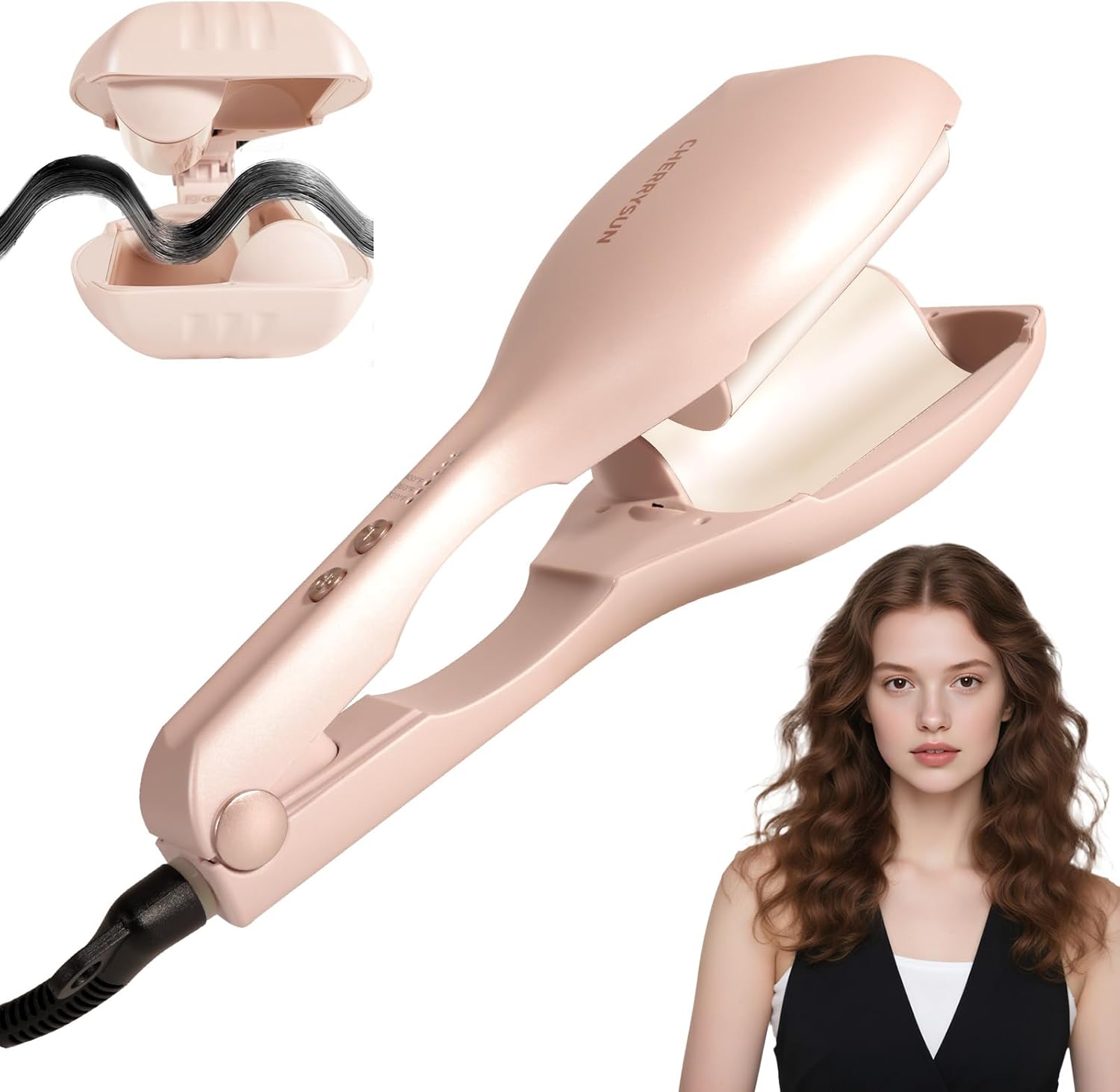 Beach Waves Curling Wand & Crimper – 1.45″ Dual Barrel Ceramic Waver with 33M Ions, Dual Voltage, Anti-Scald Design for Effortless Salon Curls (Pink)