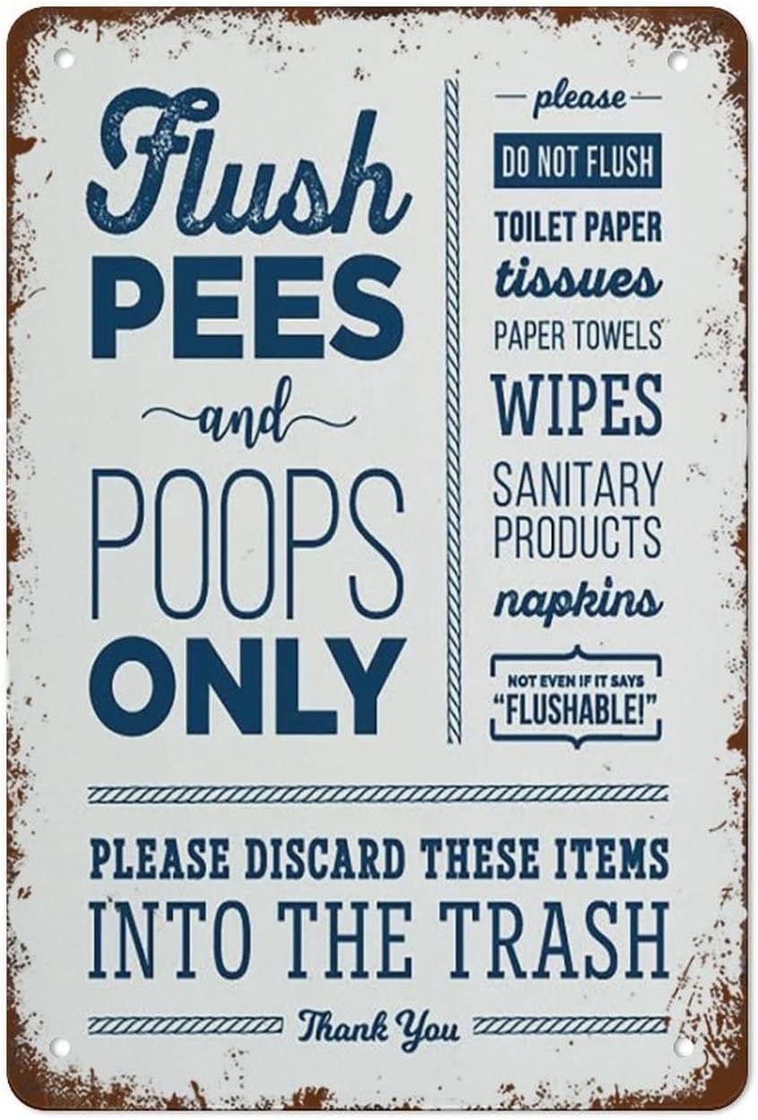 Cute Nautical Boat Bathroom Sign Flush Pees & Poops Only No Toilet Paper Printplumbing Septic Tampons Sanitary Feminine Products Wipes Retro Metal Tin Sign For Home Coffee Decor 8 X 12 Inch