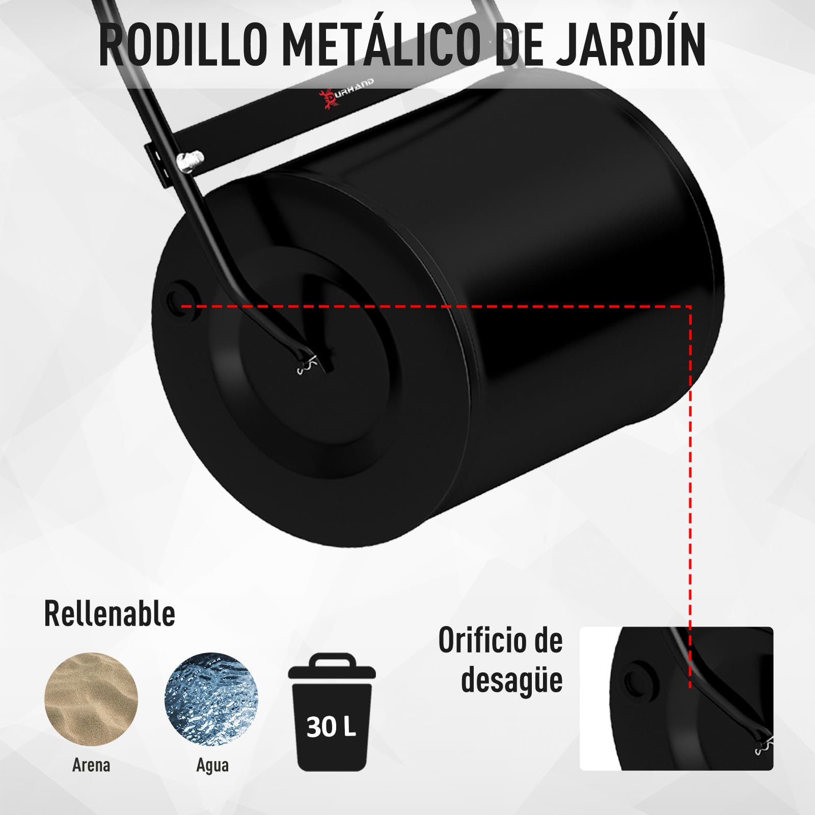 DURHAND Rodillo de Césped de Jardín Apisonadora de Césped de Acero 30L Llena de Agua o Arena Medida de Rodillo Φ32x40cm Asa Desmontable