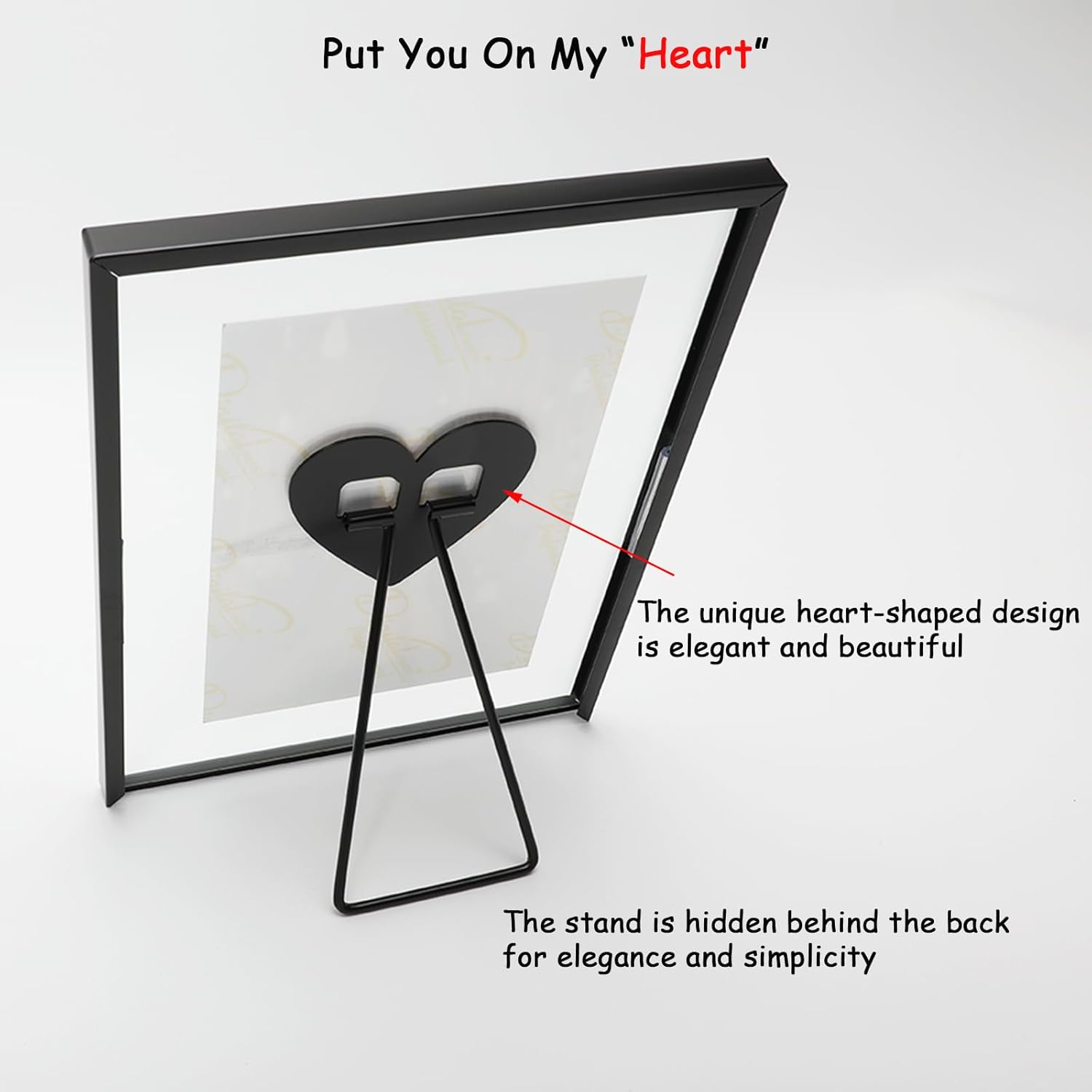 Black Floating Frame (6"x8", Vertical, 2 Set) with Heart” Stand, For Picture 5x7, 4x6, 3.5x5, Metal Glass, Classy For Festival, Home or Wedding