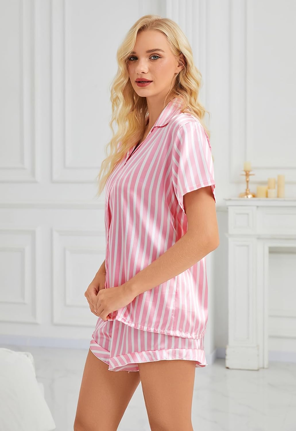 Women's Satin Pajama Set, Striped Silky PJs with Ruffled Shorts, Adjustable Drawstring Waist, Classic Loungewear - Image 4