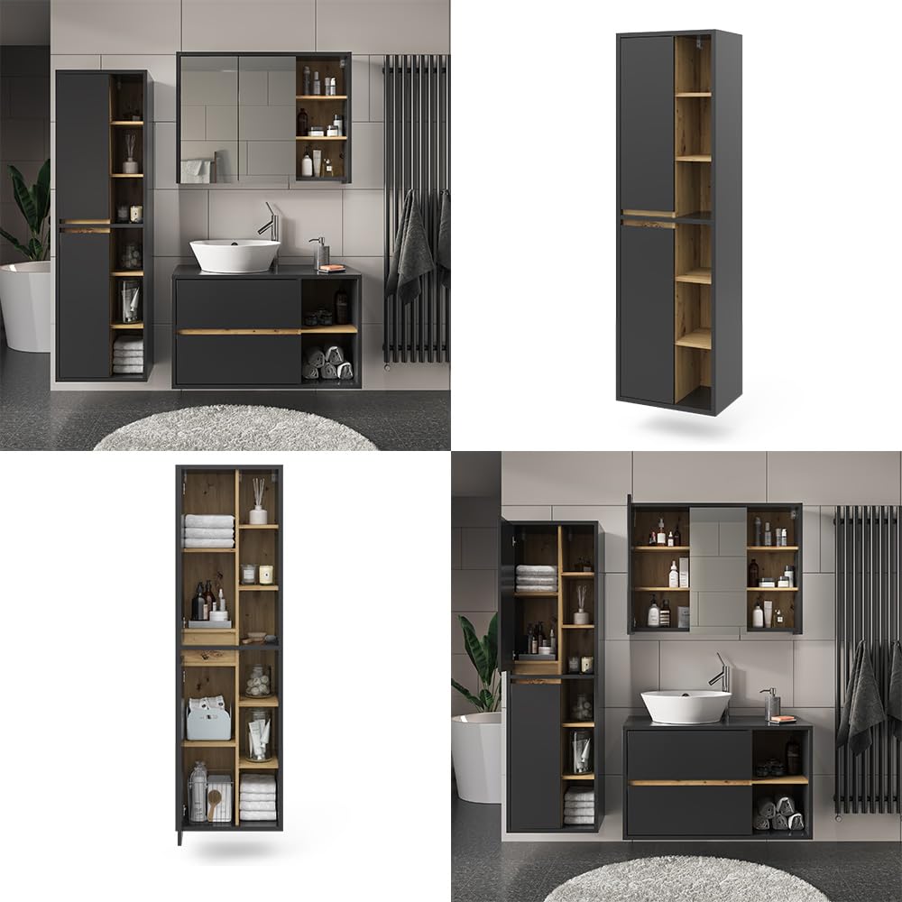 Vicco Armadio per il bagno Viola, Antracite, 50 x 170 cm con ante e vani a giorno, adatto al montaggio a parete e combinabile con altri mobili Viola