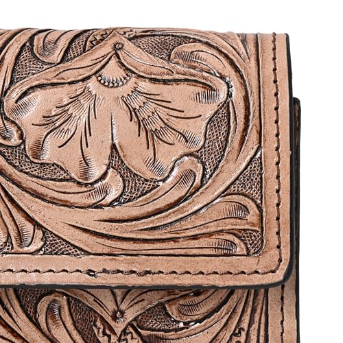 Image of Merbaa Hantooled Leather Wallet RFID Blocking, Trifold Ladies Purse, Flower Handtooled and Carved long Clutch, 1 Back Zip pocket, Wallet For Women, Brown, Medium, Classic