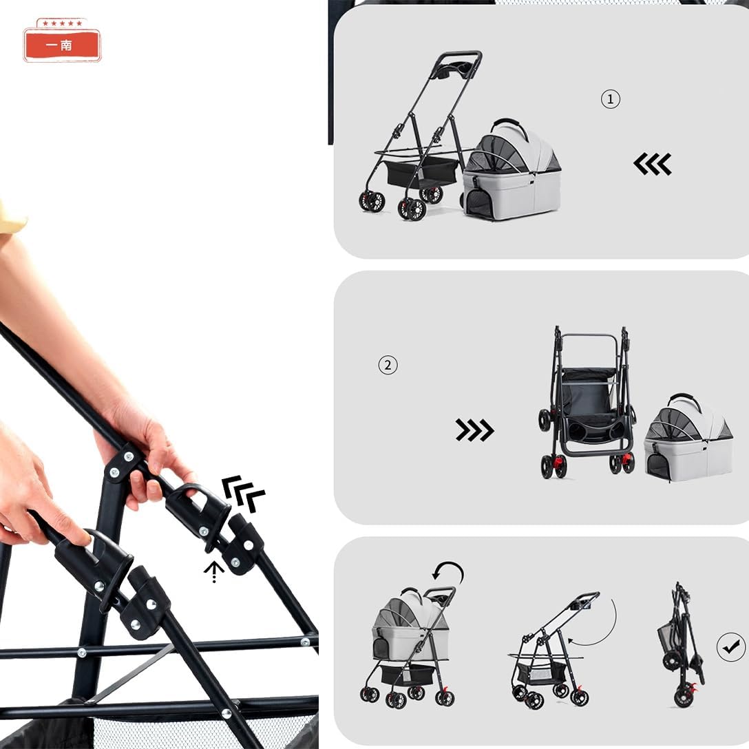 ペットカート 小型犬 分離型 ワンタッチ折りたたみ ペットバギー 猫 犬用 前輪360&deg;後輪ブレーキ付 4輪耐摩耗 取り外し可能 収