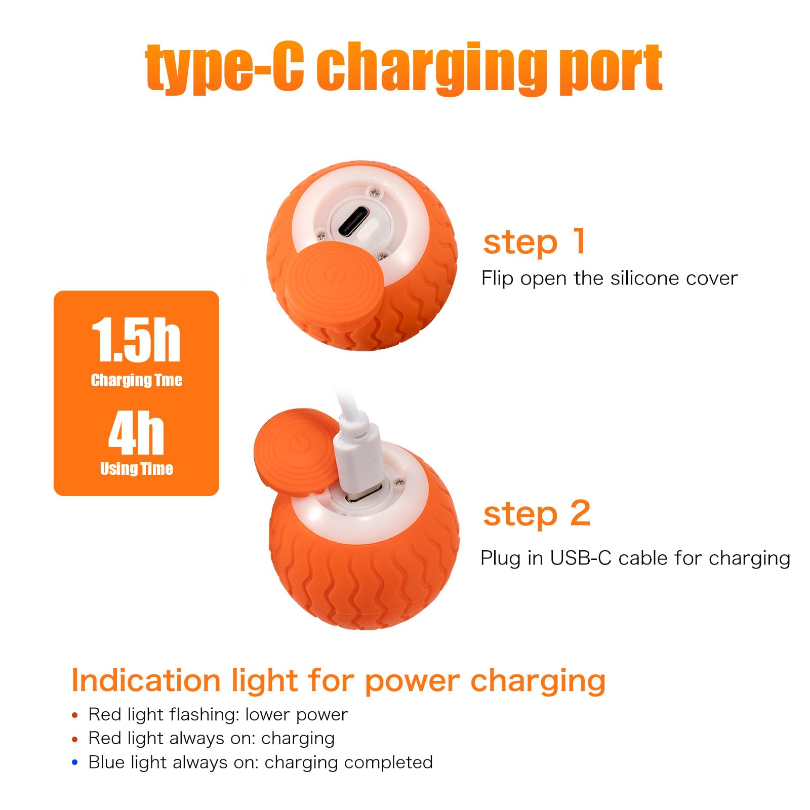 ICYAIR Interactive Cat Toy Balls, Automatic Smart Moving Cat Toy Self Play for Indoor Cats, Rechargeable Power Rolling Ball with LED Light for Kitten Kitty to Excercise Chase (Orange) 3
