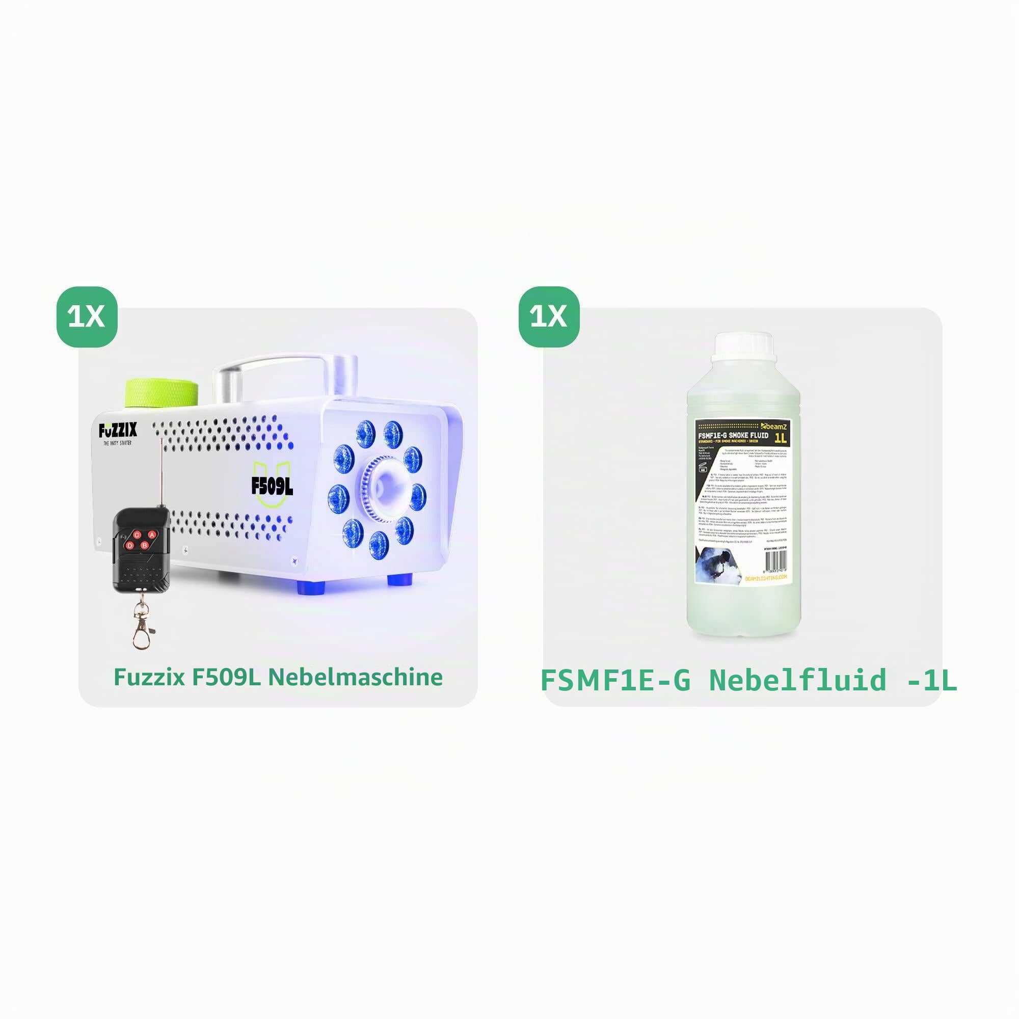 Fuzzix F509LW Nebelmaschine Mini mit LED Lichteffekt und 1L Nebelfluid, 500 Watt mit Fernbedienung, Rauchmaschine Party, Smoke Machine mit 9 LEDs RGB für Hochzeiten, Halloween, Partys, Bars, Weiß