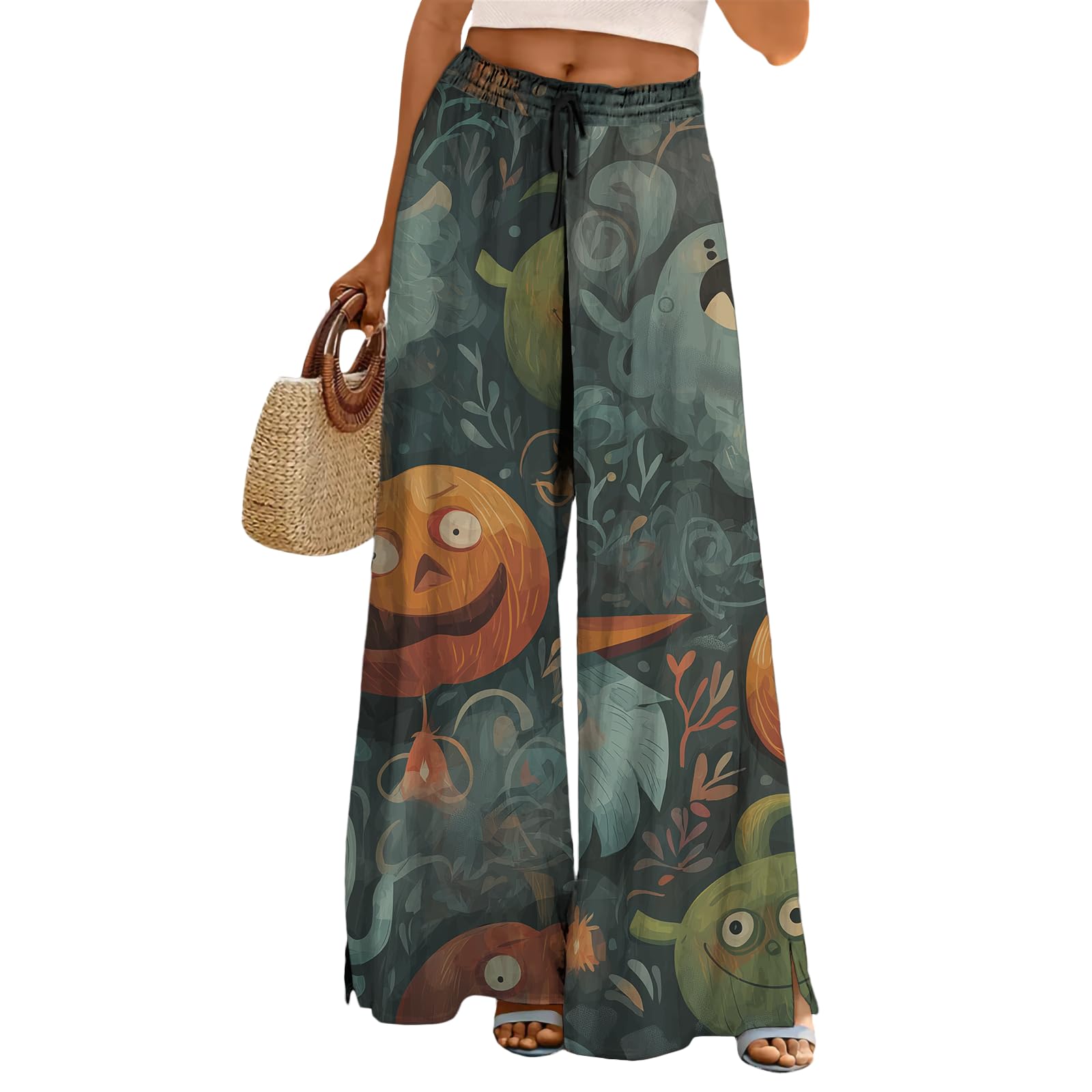 Halloween Pants Women Drawstring Elastic Waist Wide Leg Pants Ladies Pumpkin Ghost Pajama Vintage Street Wear