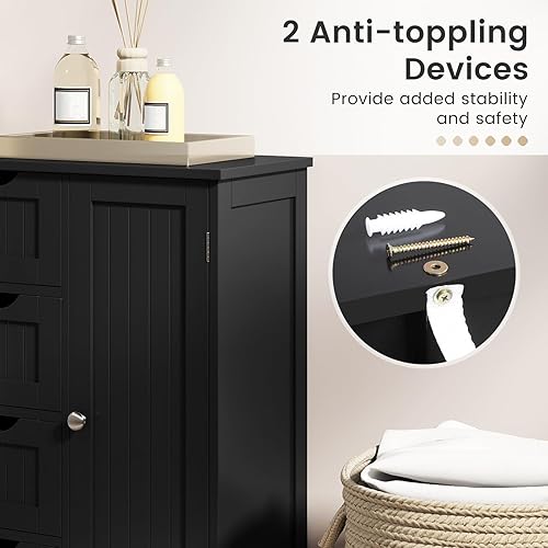 Miniatura 6 de Tangkula Armario de suelo de baño, armario de almacenamiento independiente con 4 cajones y una sola puerta, estante ajustable, almacenamiento de