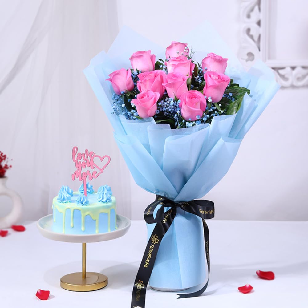 FlowerAura Love Combo of Fresh 10 Pink Roses Flower Bouquet & 0.5Kg Heart Chocolate Cake For Birthday | Anniversary | Valentine's Day Gift For Girlfriend, Boyfriend, Husband & Wife (Same Day Delivery)-image-10